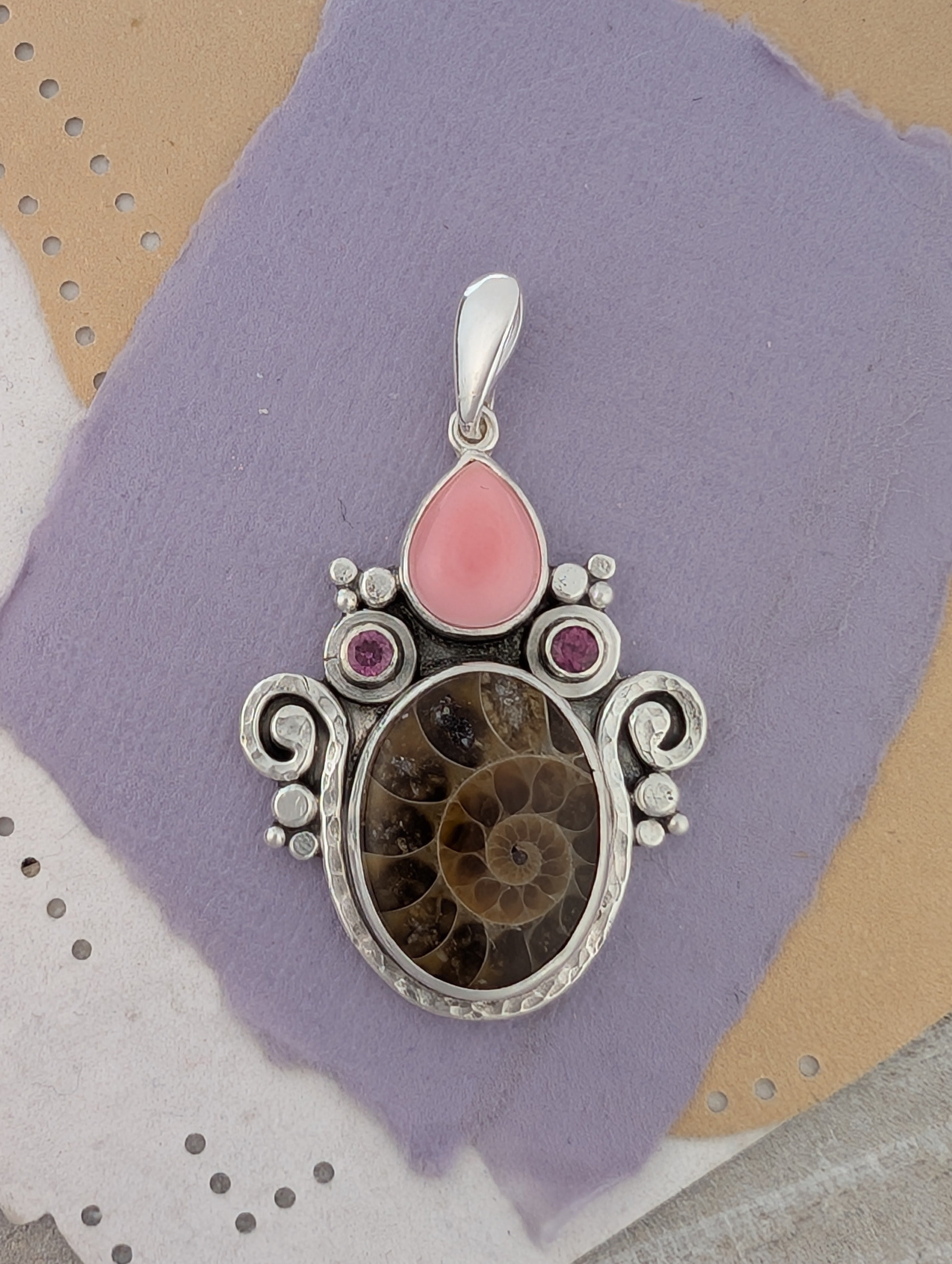 Ammonite, Conch Shell and Rhodolite Garnet Sterling Silver Pendant, Small