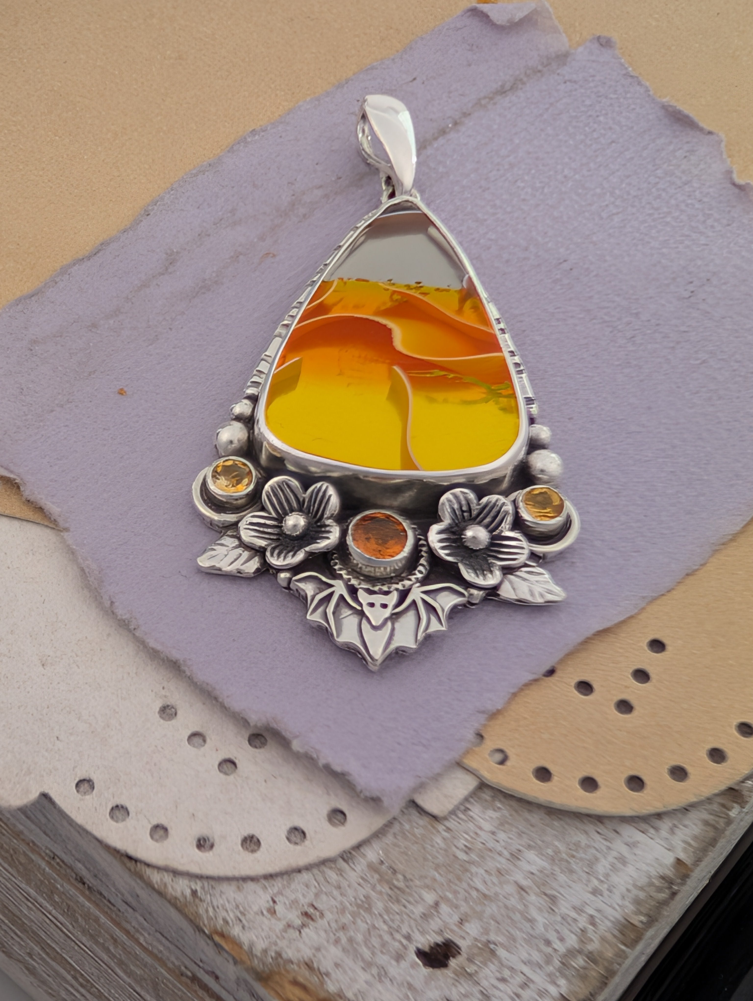 Acrylic Candy Corn, Hessonite Garnet and Citrine Sterling Silver Pendant