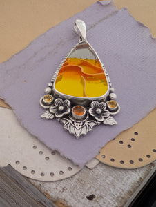 Acrylic Candy Corn, Hessonite Garnet and Citrine Sterling Silver Pendant