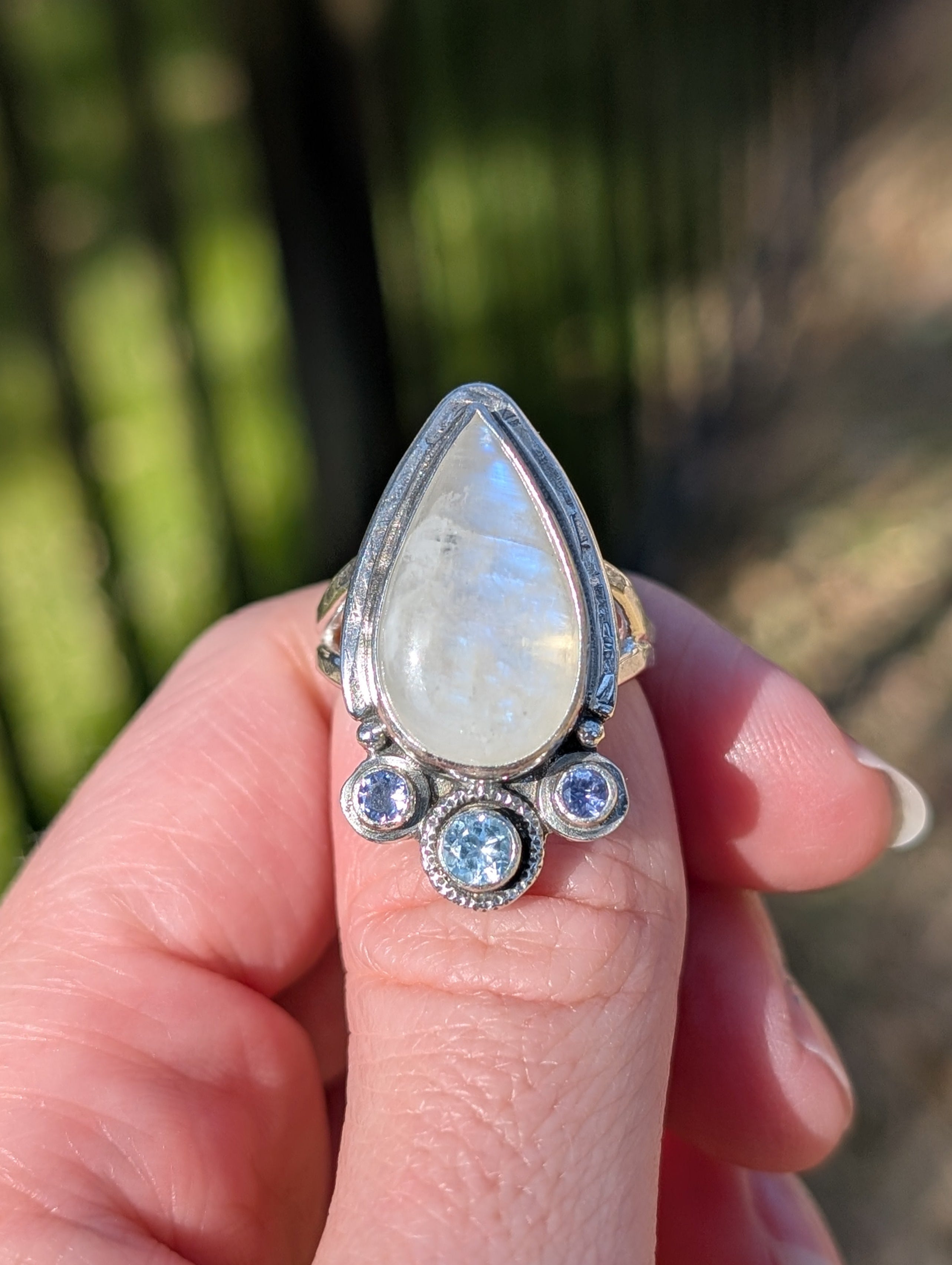 DISCOUNTED Size 7, Moonstone, Blue Topaz and Iolite Sterling Silver Ring