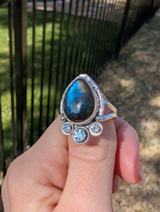 Size 10, Labradorite and Blue Topaz Sterling Silver Ring