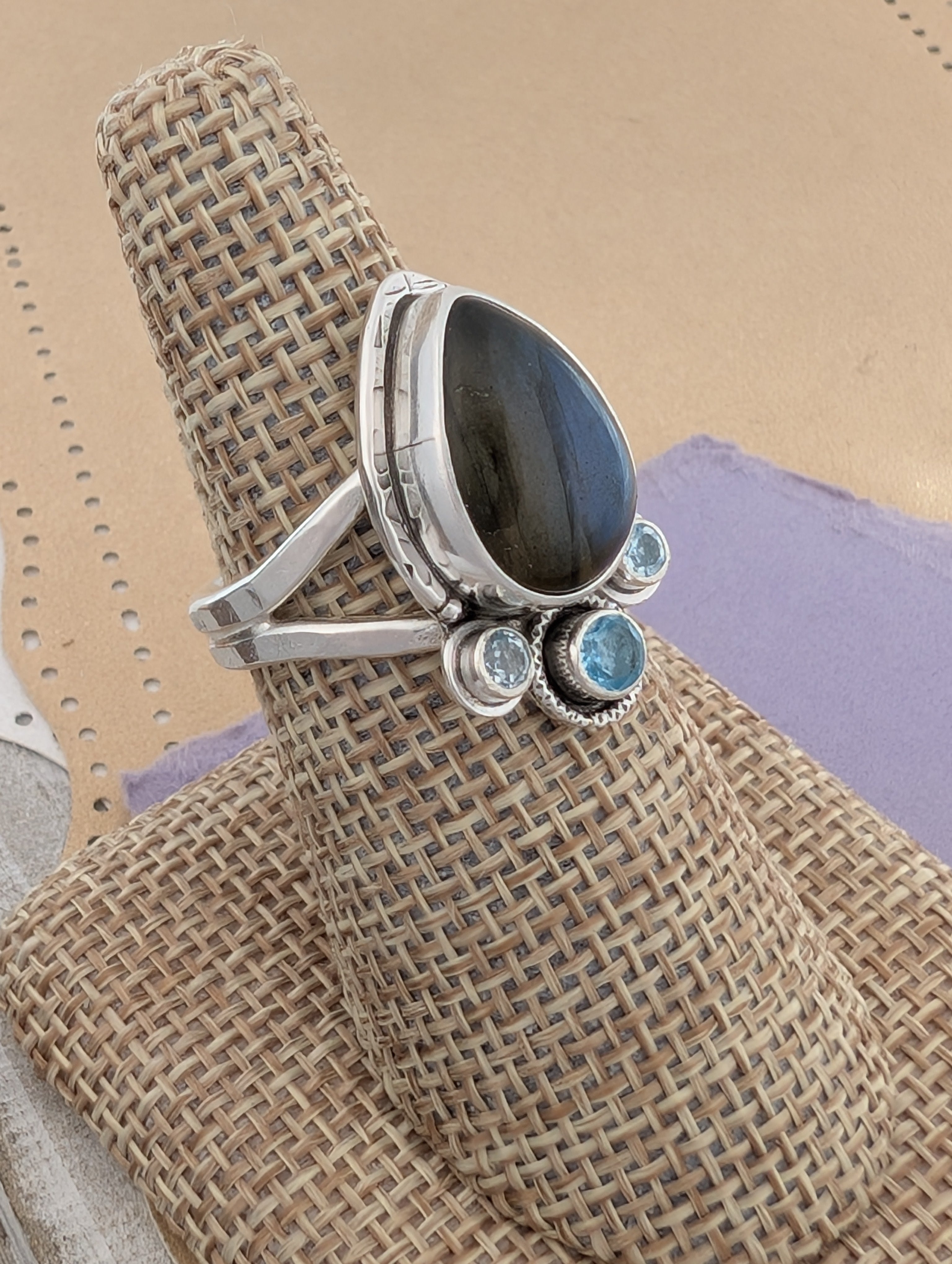 Size 8, Labradorite and Blue Topaz Sterling Silver Ring, #1