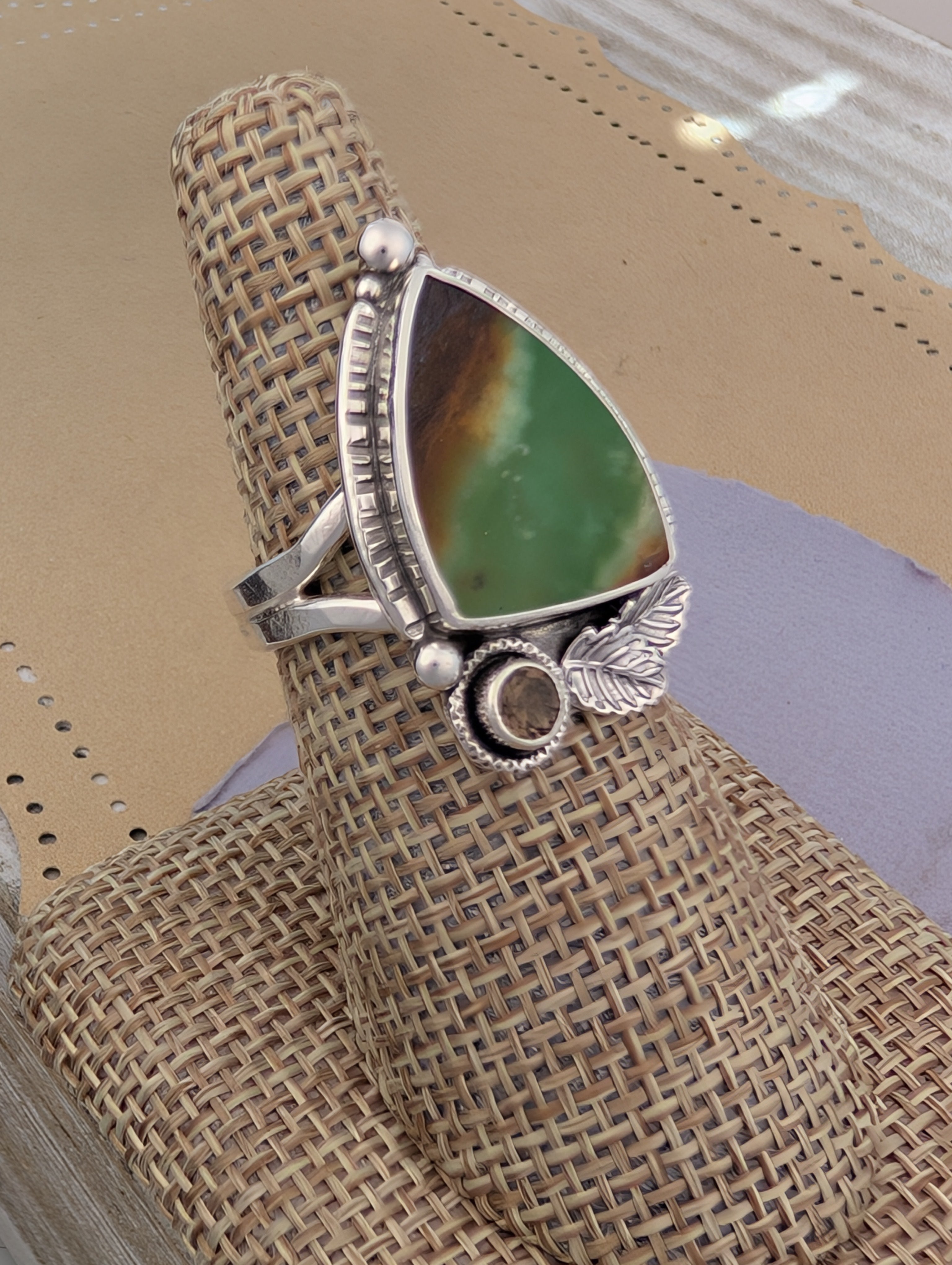 Size 7.5, Chrysoprase and Smokey Quartz Sterling Silver Ring