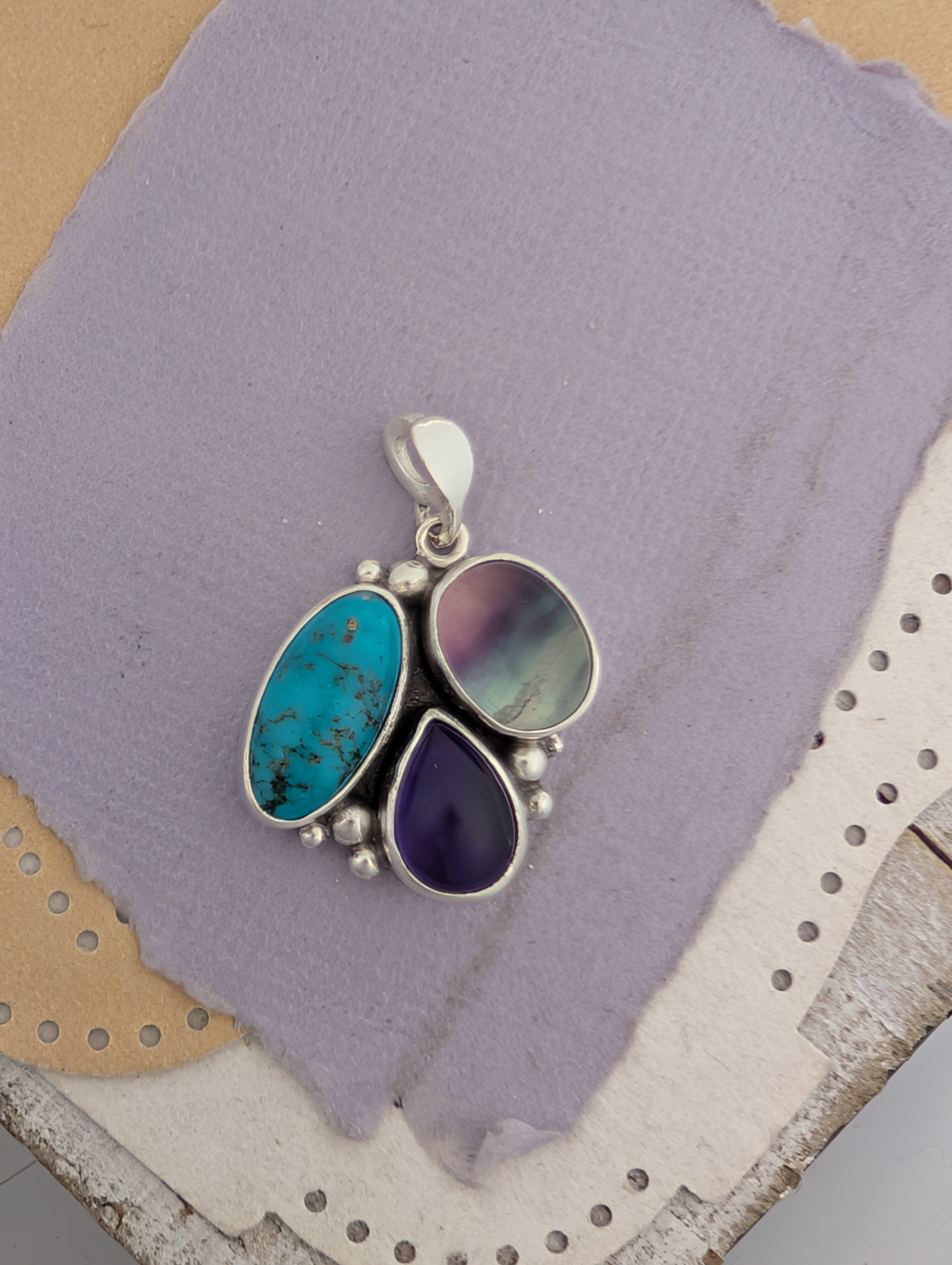 Turquoise, Amethyst, and Fluorite Sterling Silver Pendant