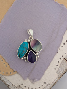 Turquoise, Amethyst, and Fluorite Sterling Silver Pendant
