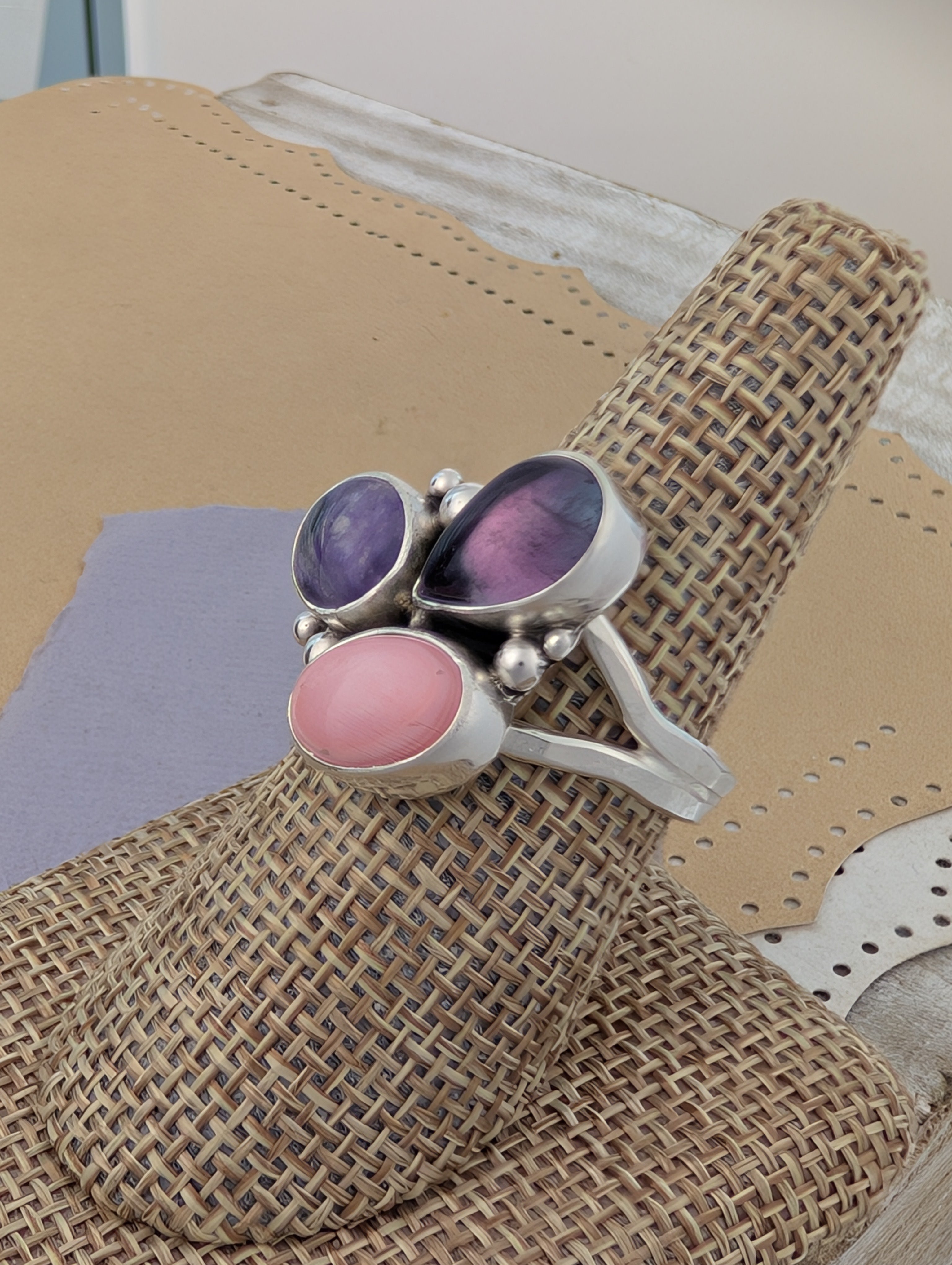 Size 9.5, Charoite, Conch Shell and Fluorite Sterling Silver Ring