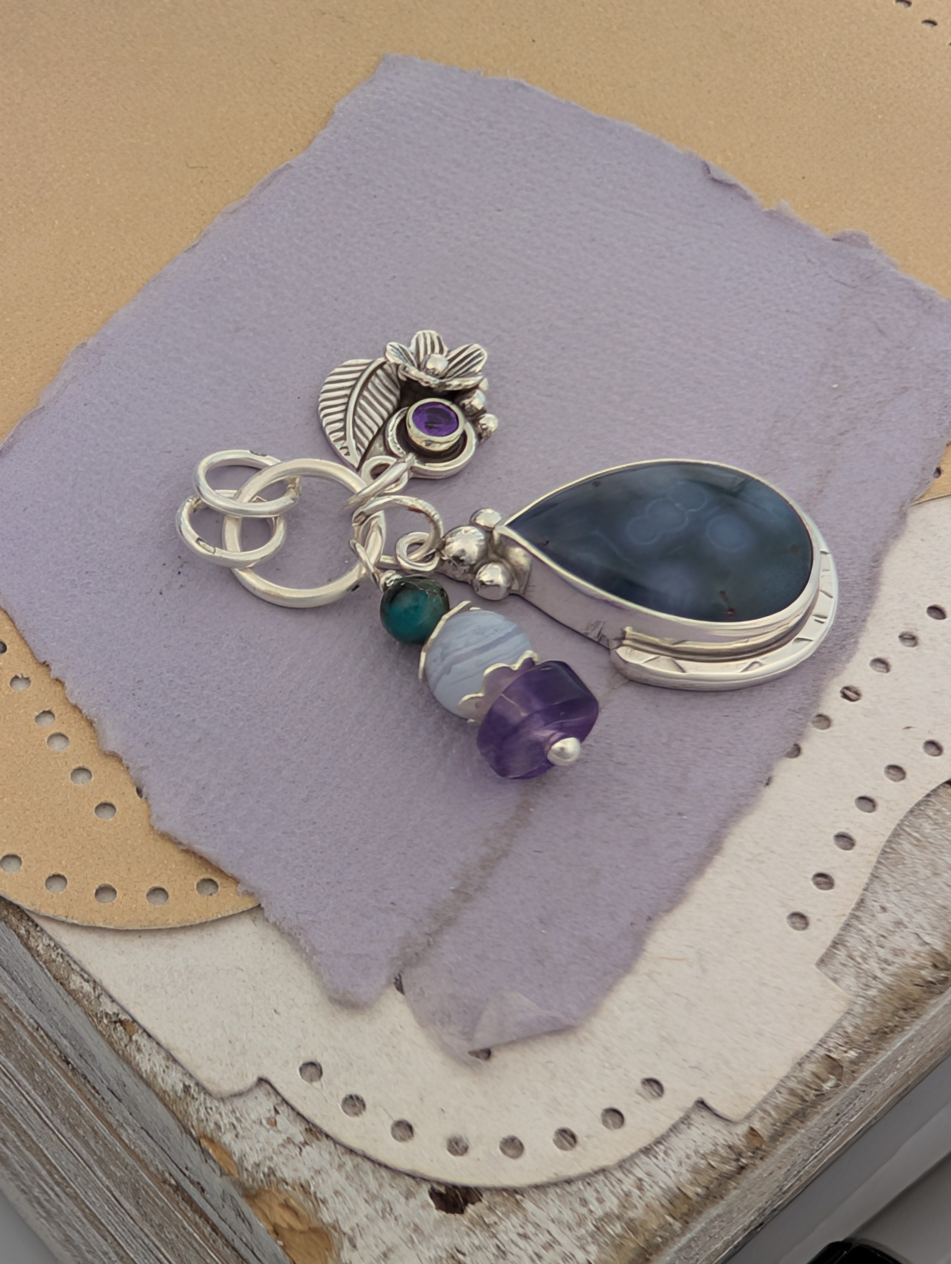 Grape Agate, Amethyst, Chrysocolla and Lace Agate Charm Sterling Silver Necklace
