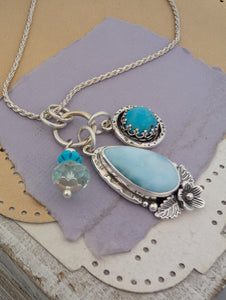 Larimar, Turquoise, and Quartz Charm Sterling Silver Necklace