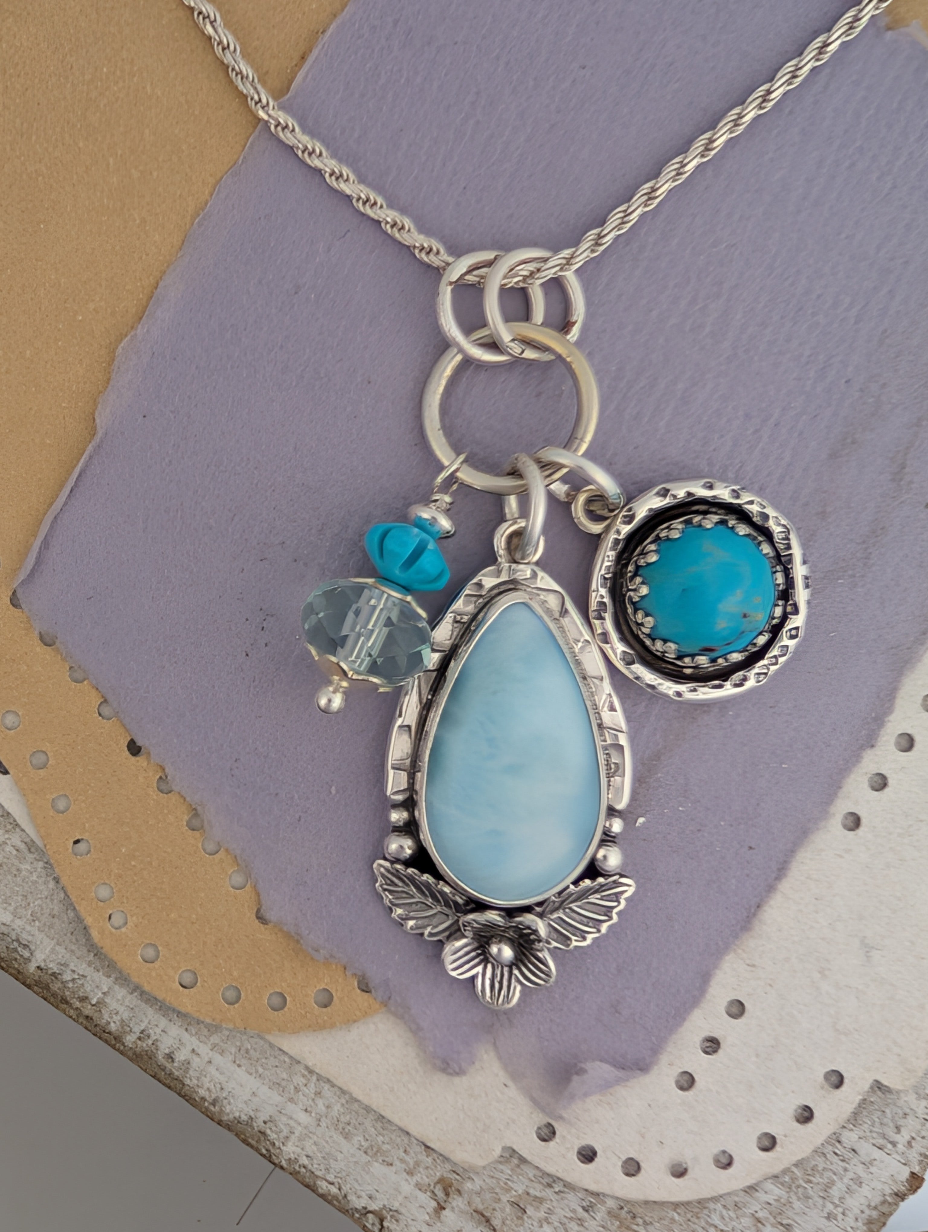 Larimar, Turquoise, and Quartz Charm Sterling Silver Necklace