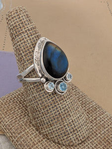 Size 10, Labradorite and Blue Topaz Sterling Silver Ring