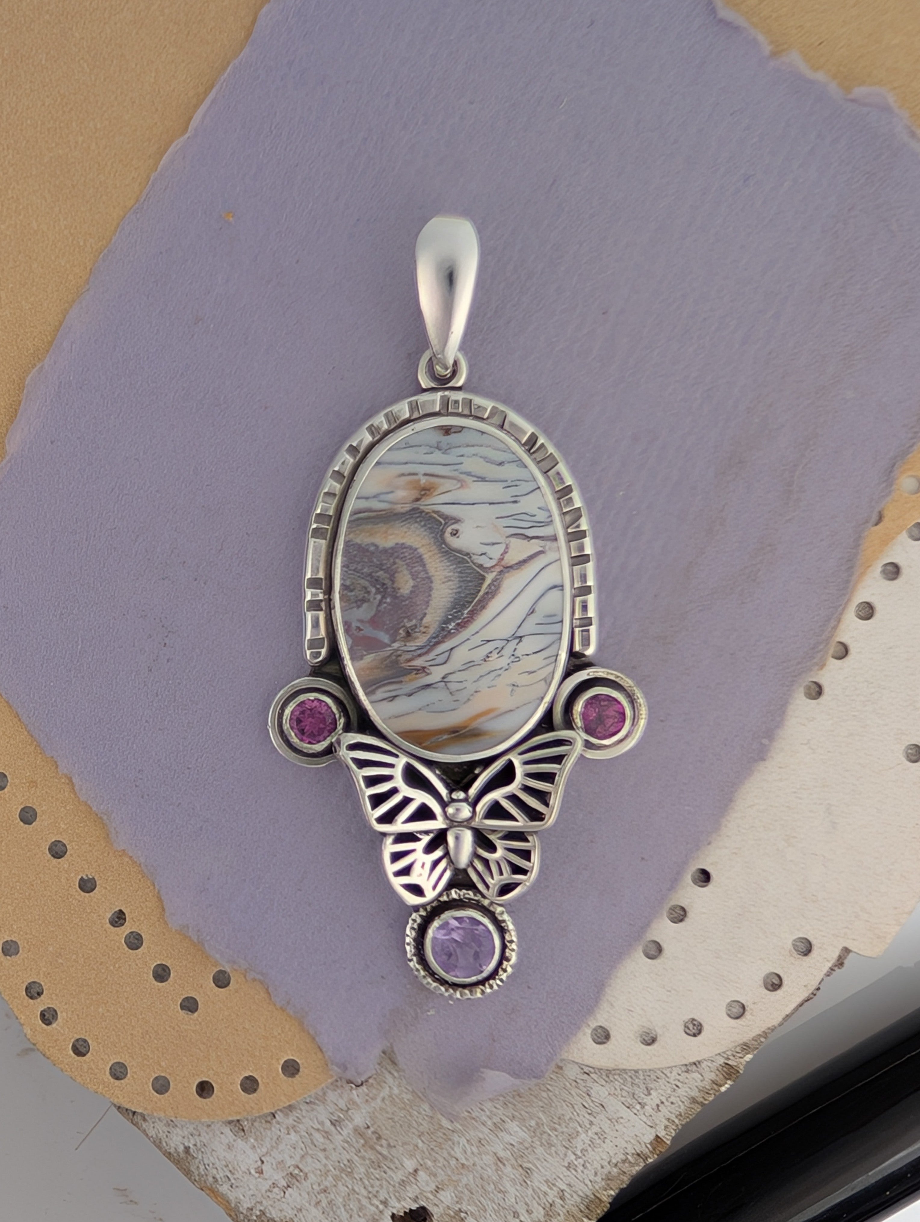 Copper Petrified Wood, Amethyst and Rhodolite Garnet Sterling Silver Pendant