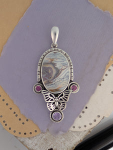 Copper Petrified Wood, Amethyst and Rhodolite Garnet Sterling Silver Pendant