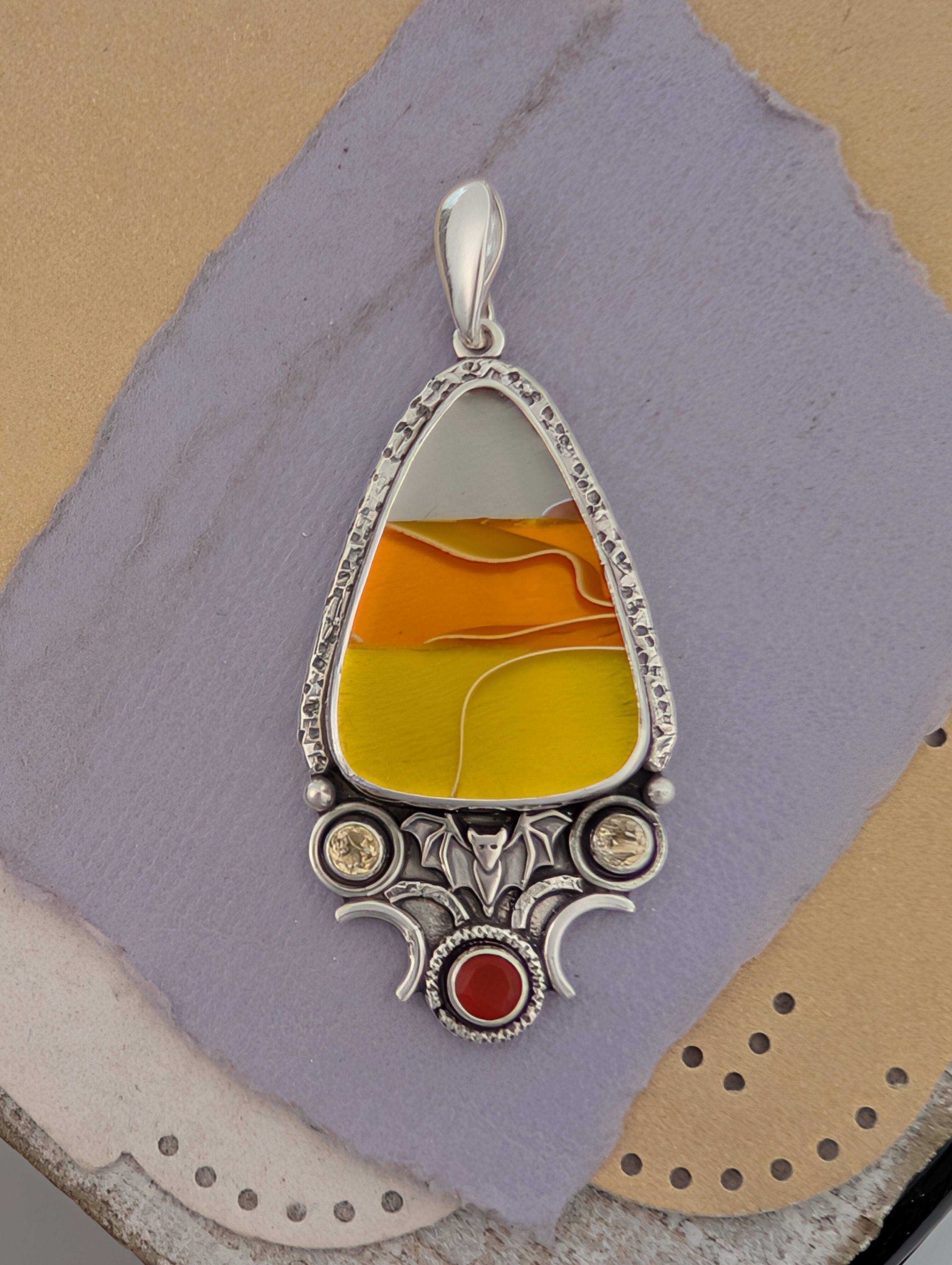 Acrylic Candy Corn, Carnelian and Citrine Sterling Silver Pendant
