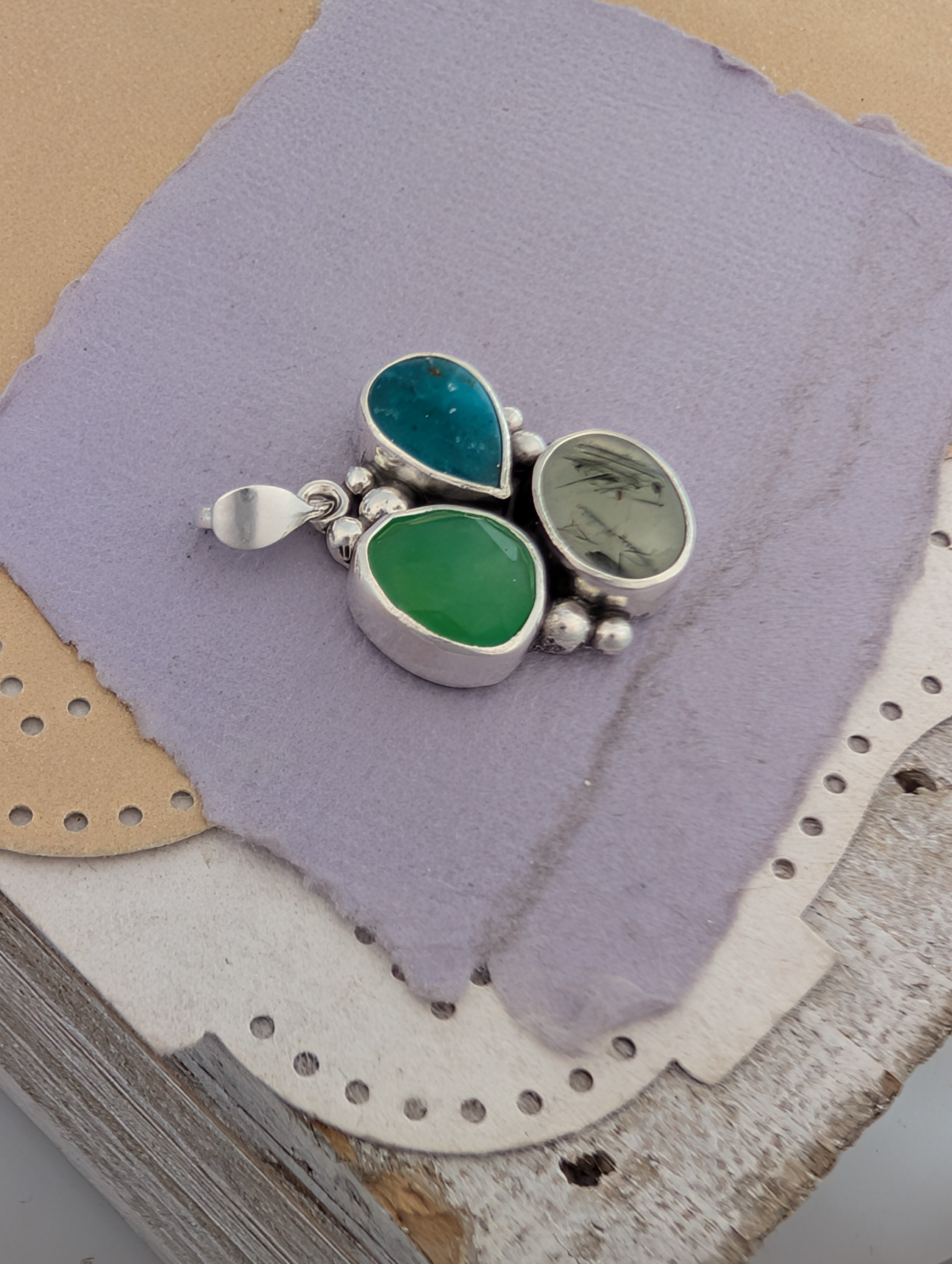 Turquoise, Chrysoprase, and Prehnite Sterling Silver Pendant