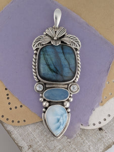 Labradorite, Aquamarine, Larimar and Sky Blue Topaz Sterling Silver Flower Pendant