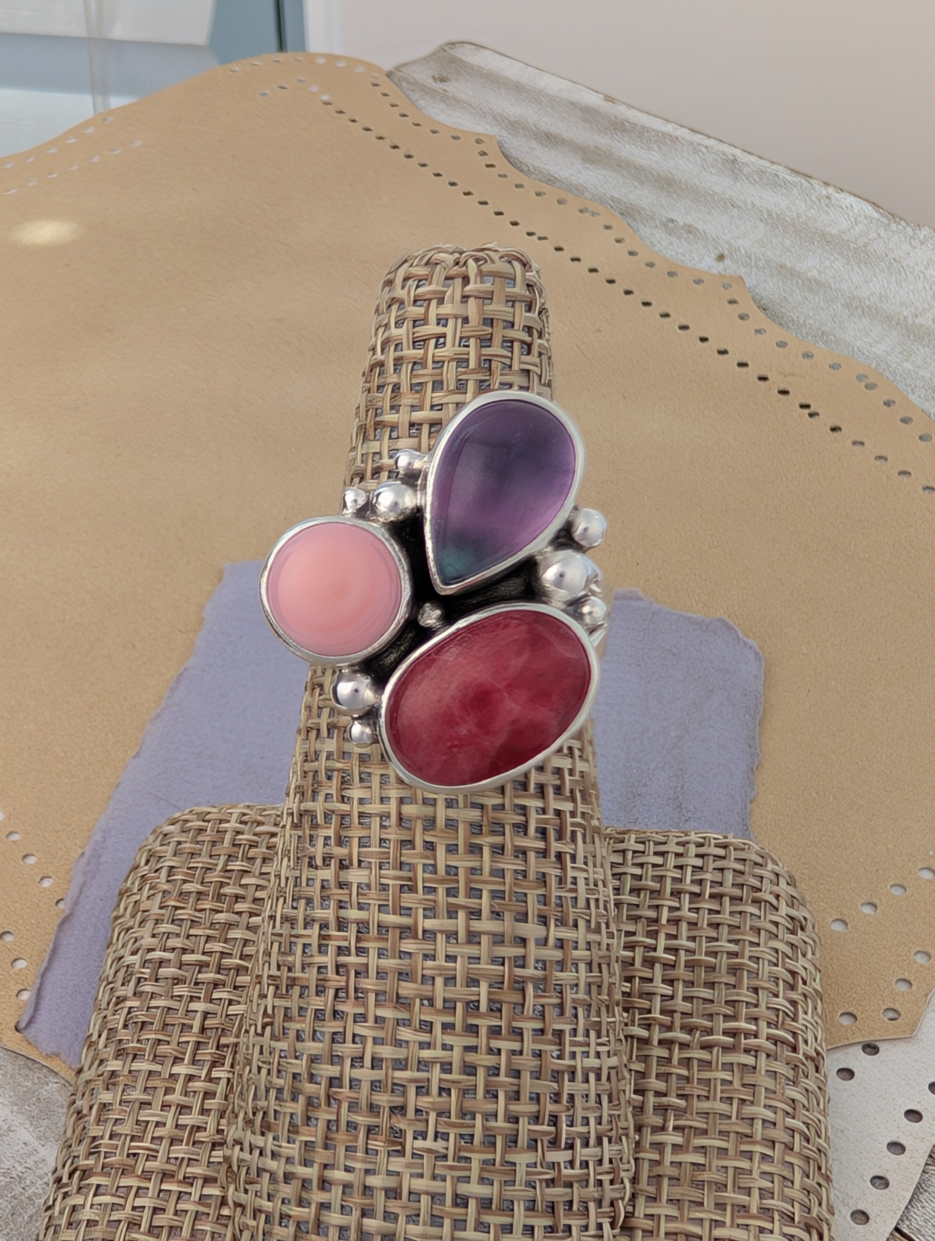 Size 8, Rhodonite, Conch Shell and Fluorite Sterling Silver Ring