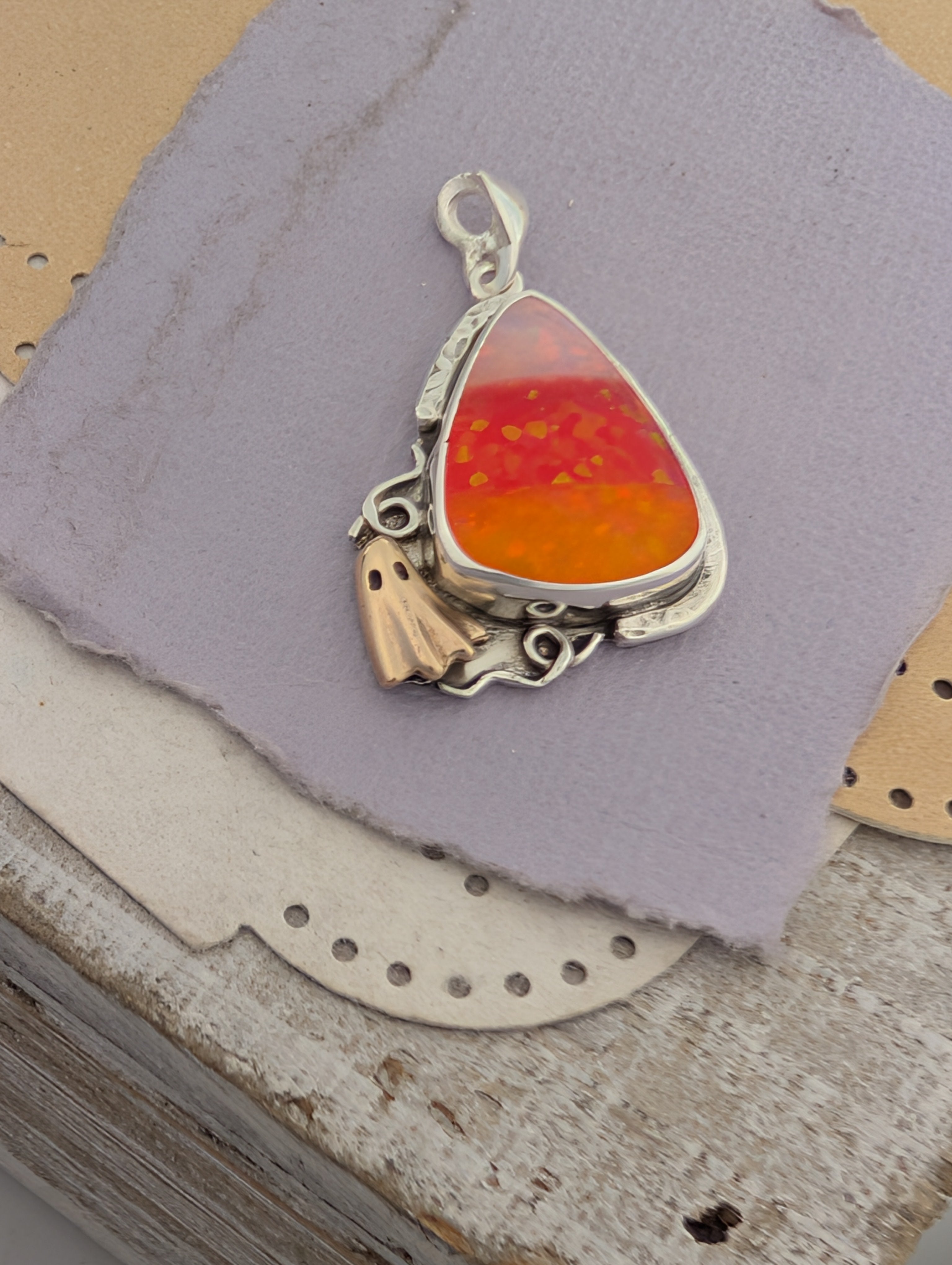 Glitter Opal Acrylic Candy Corn and Bronze Ghost Sterling Silver Pendant