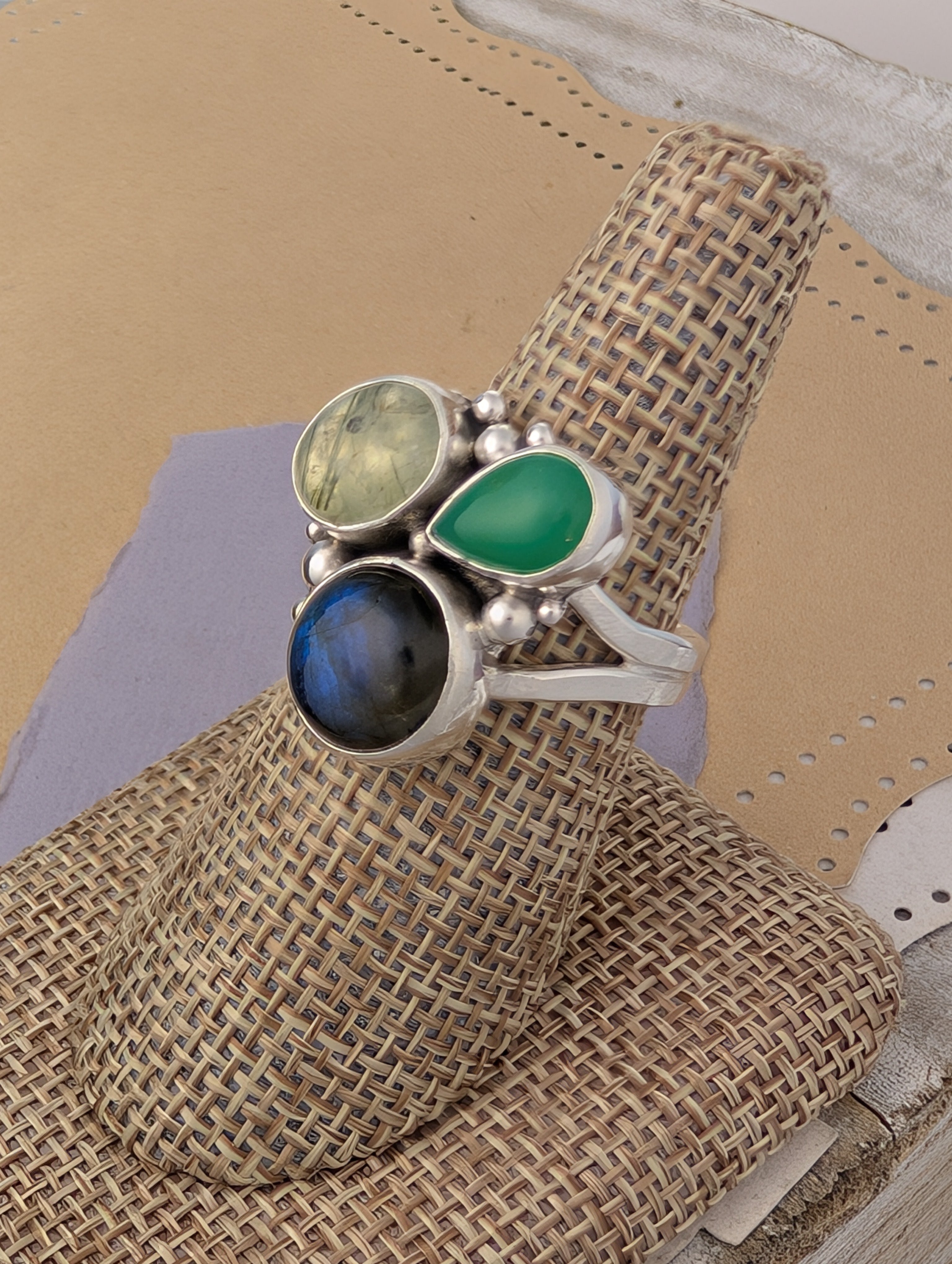 Size 9, Labradorite, Chrysoprase and Prehnite Sterling Silver