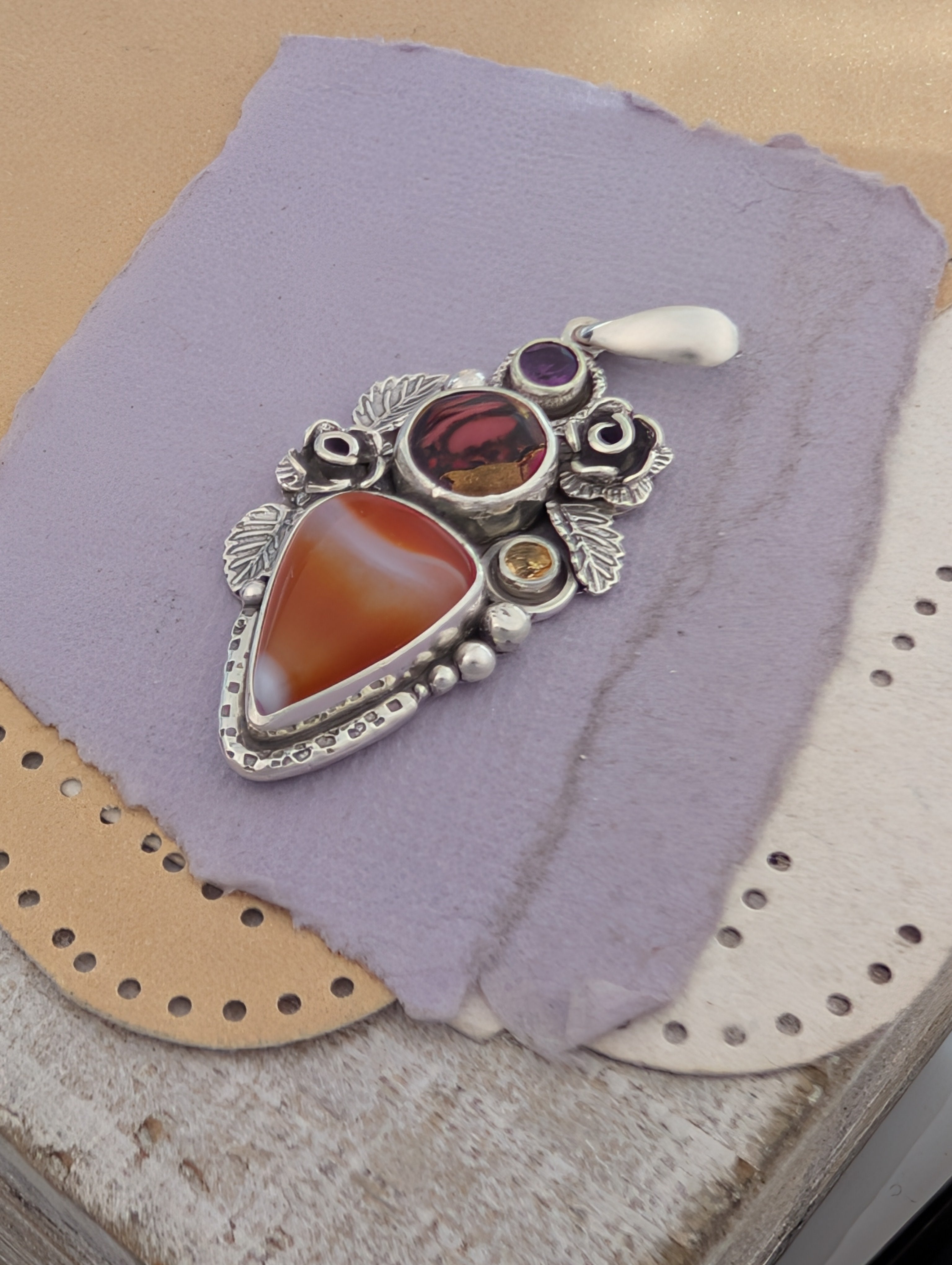 Banded Carnelian, Red Kingman, Citrine and Amethyst Sterling Silver Pendant