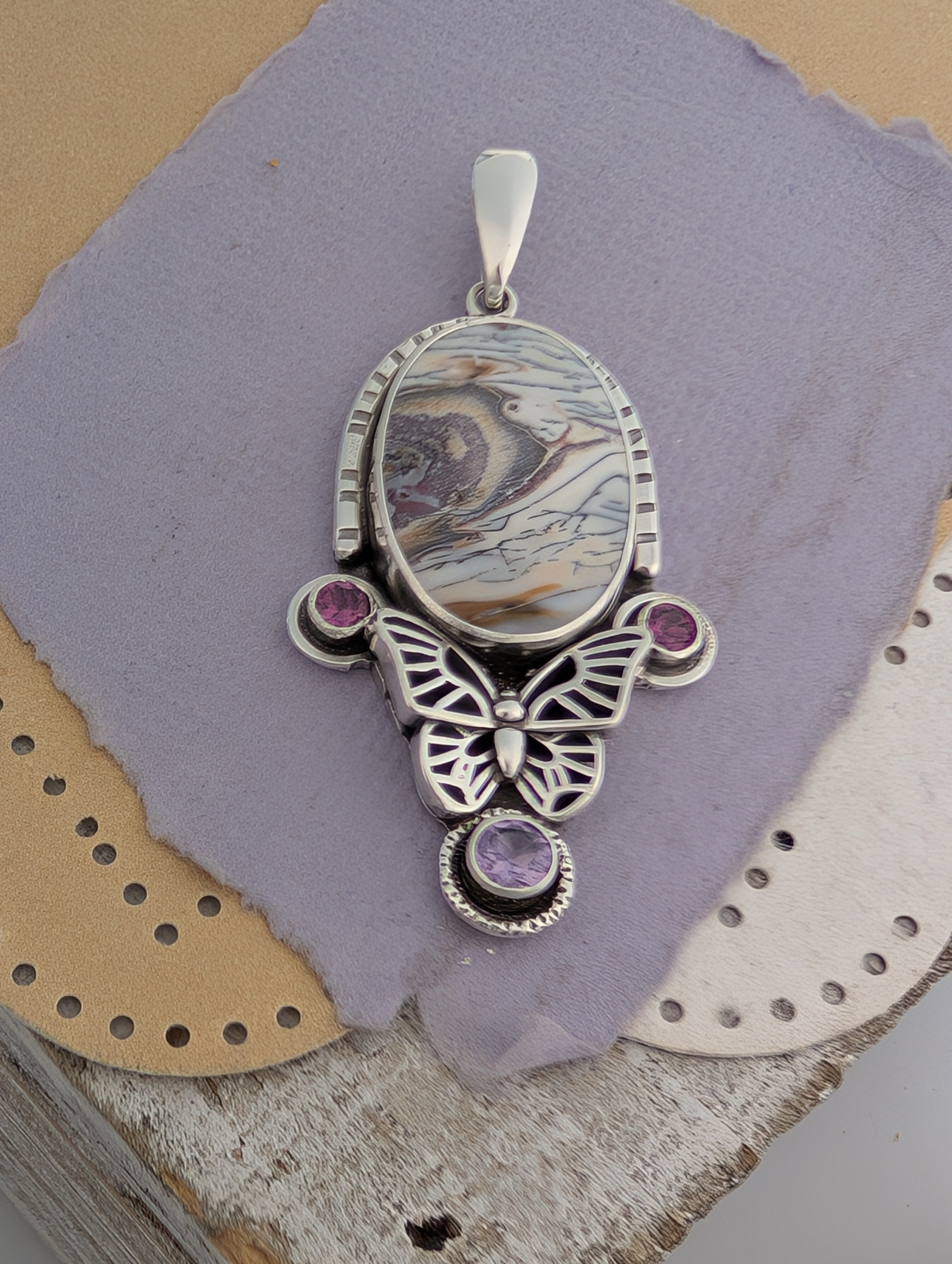 Copper Petrified Wood, Amethyst and Rhodolite Garnet Sterling Silver Pendant