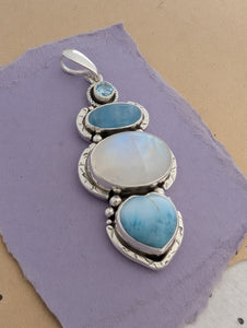 Aquamarine, Moonstone, Larimar and Sky Blue Topaz Sterling Silver Pendant