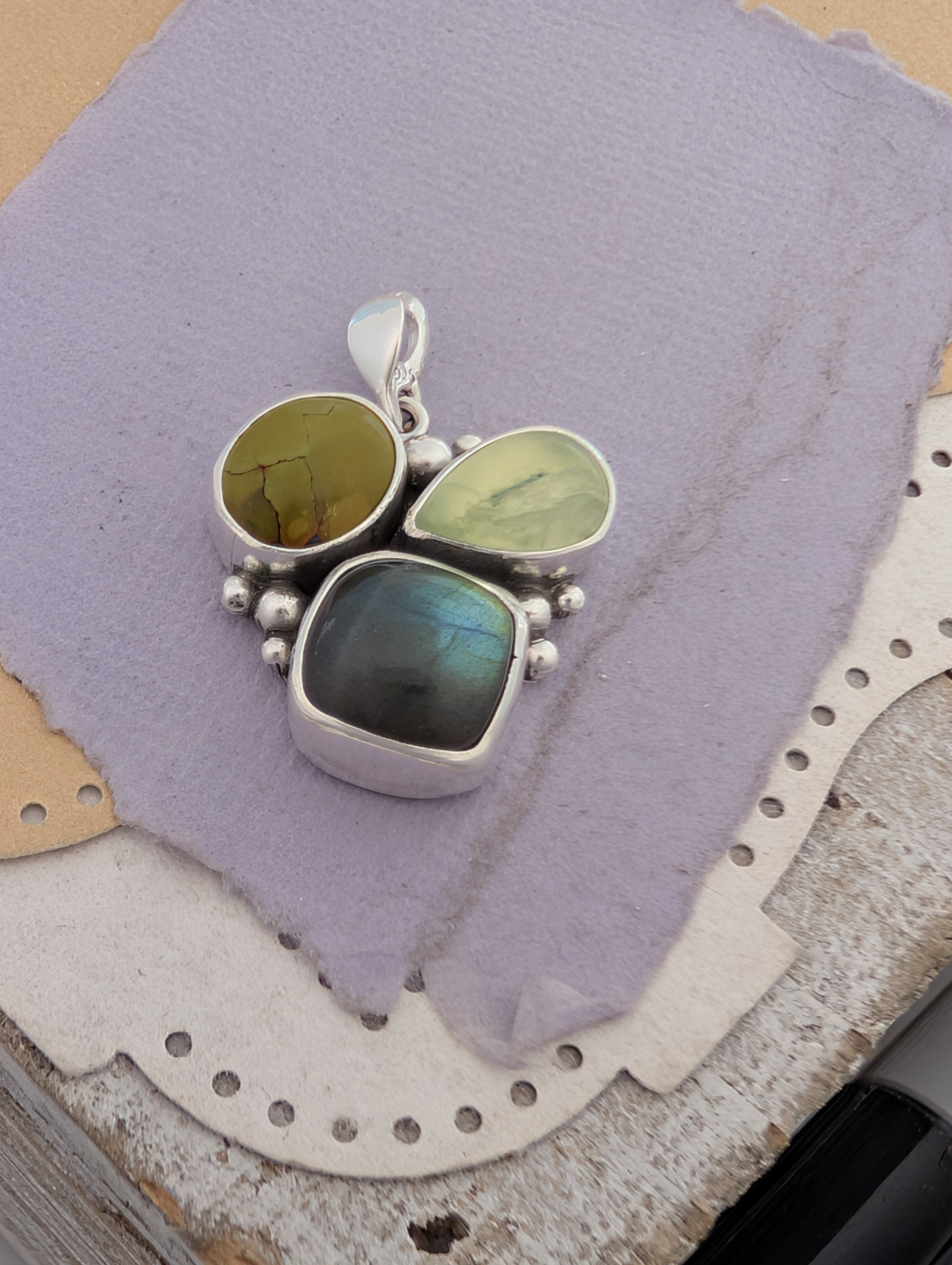 Labradorite, Prehnite, and Turquoise Sterling Silver Pendant