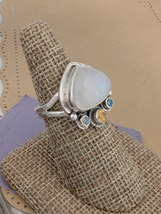 Size 8.5, Moonstone, Blue Topaz and Citrine Sterling Silver Ring