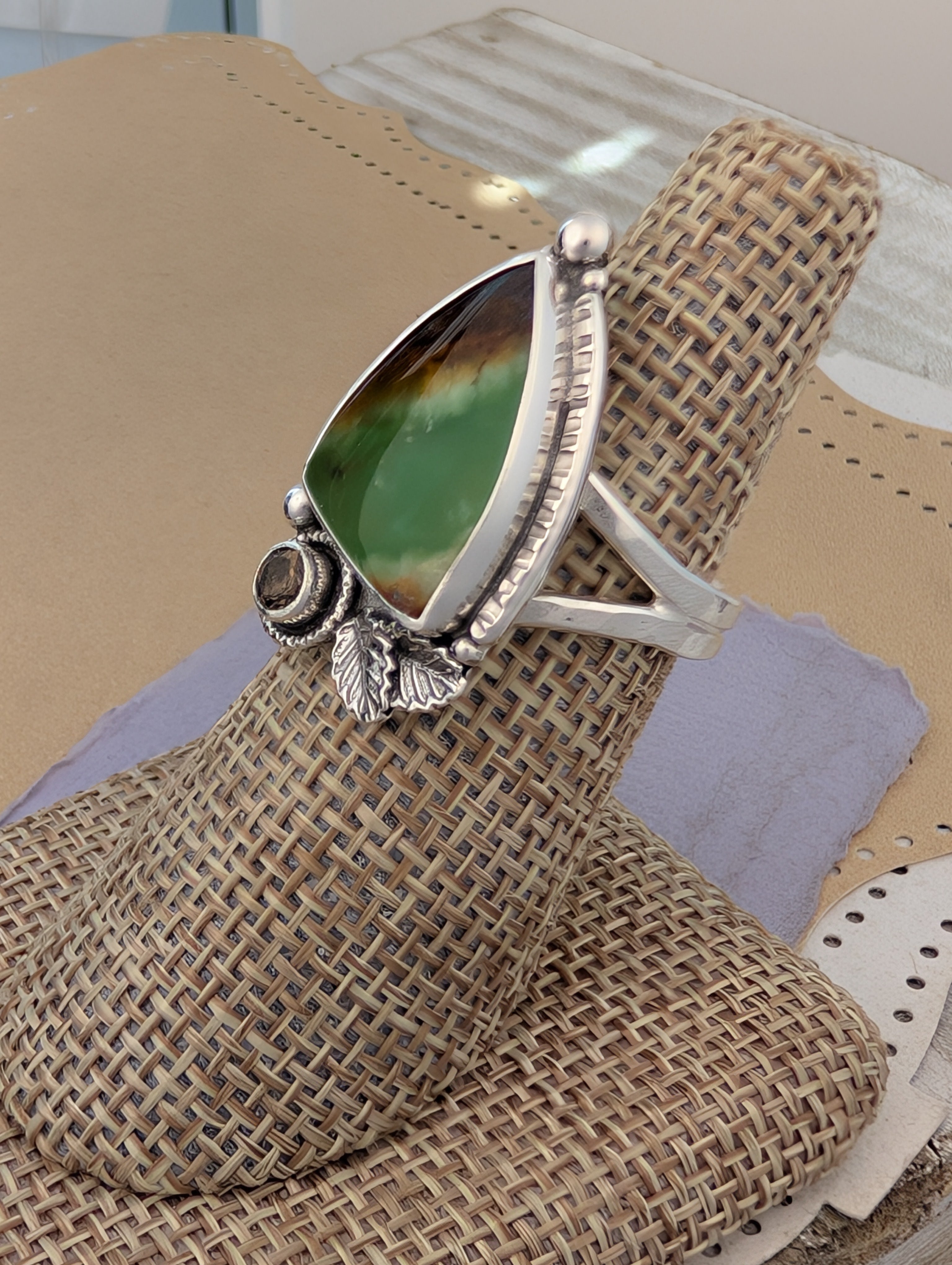 Size 7.5, Chrysoprase and Smokey Quartz Sterling Silver Ring