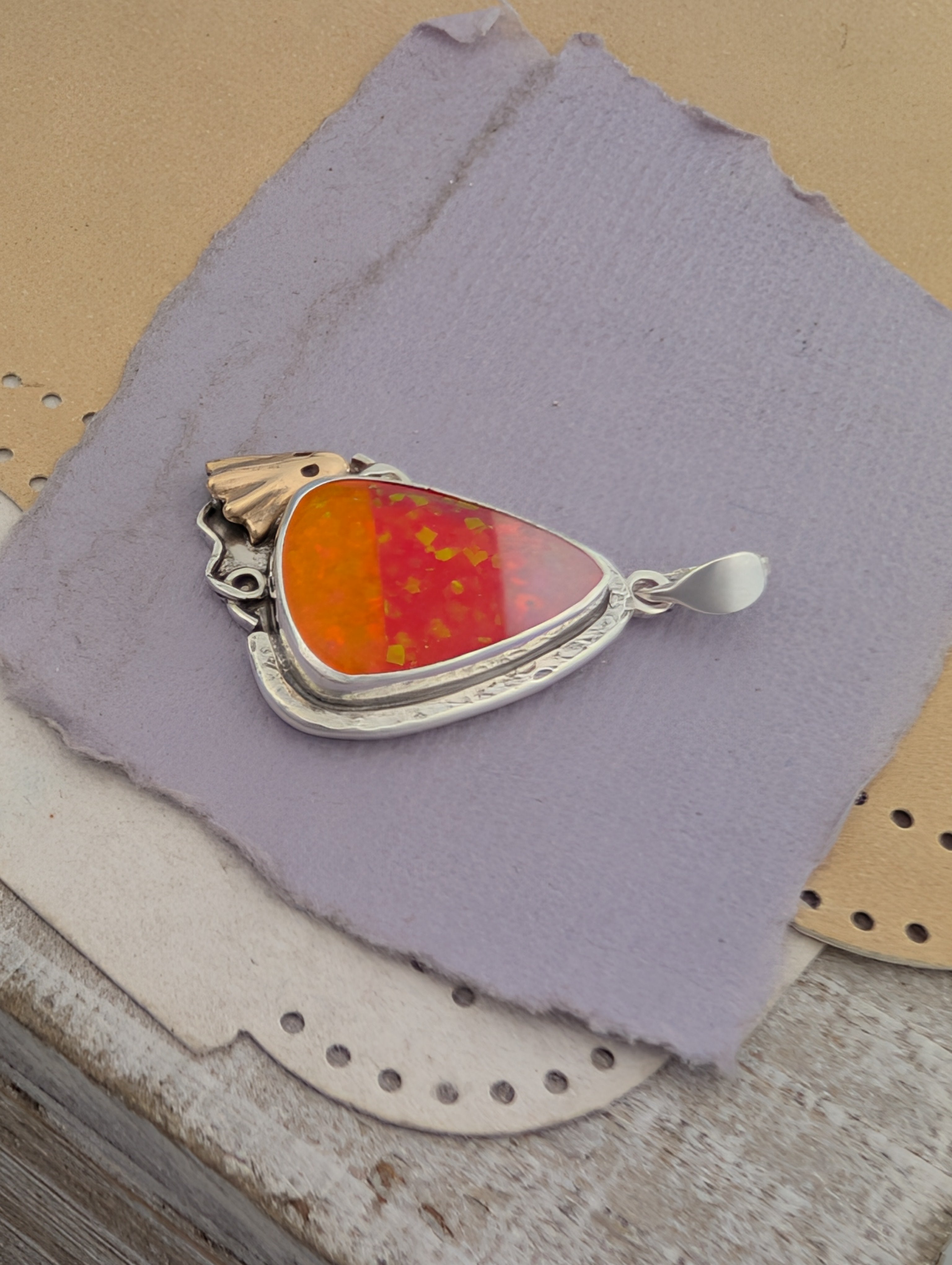 Glitter Opal Acrylic Candy Corn and Bronze Ghost Sterling Silver Pendant