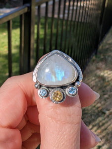 Size 8.5, Moonstone, Blue Topaz and Citrine Sterling Silver Ring