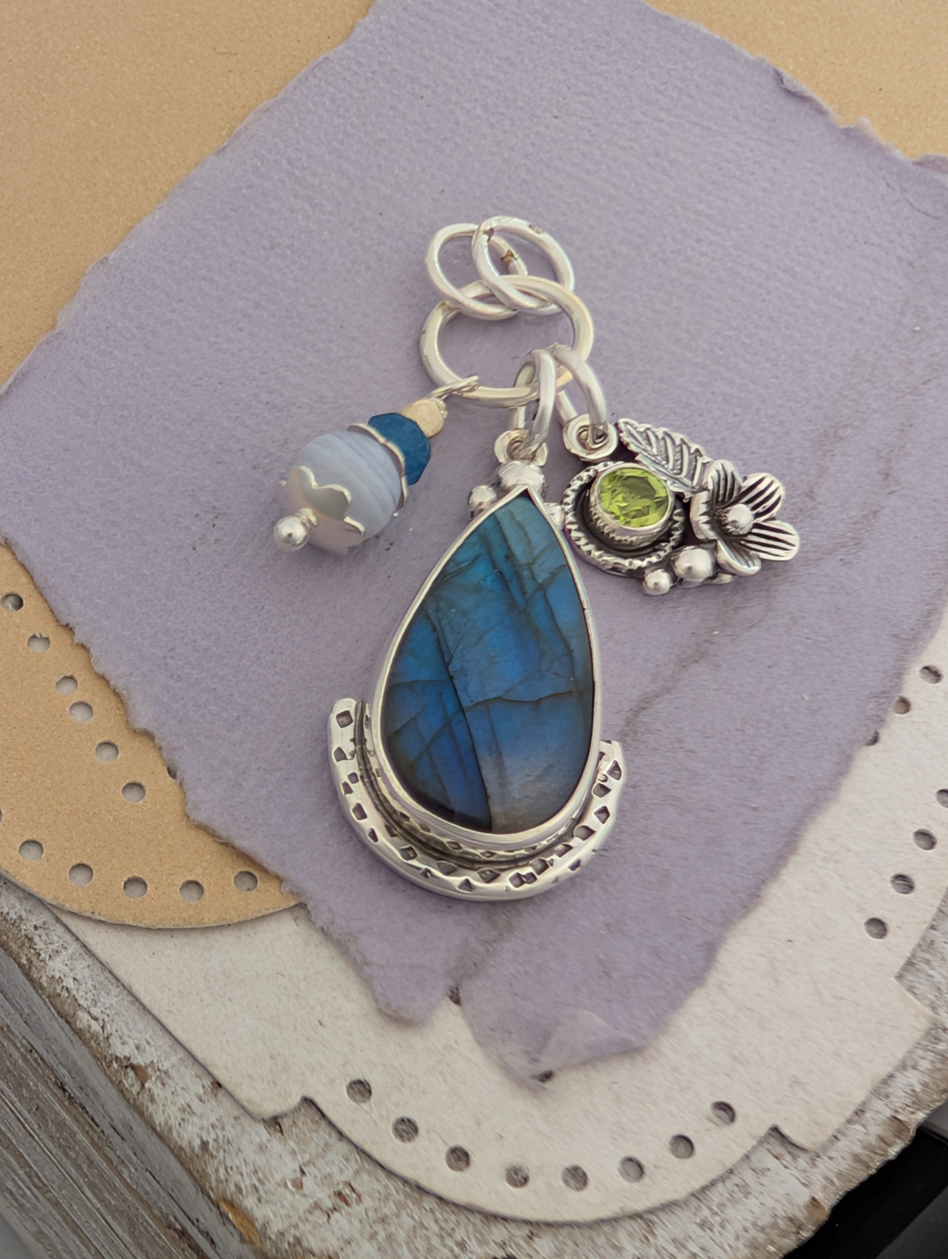 Labradorite, Peridot, Apatite and Lace Agate Charm Sterling Silver Necklace