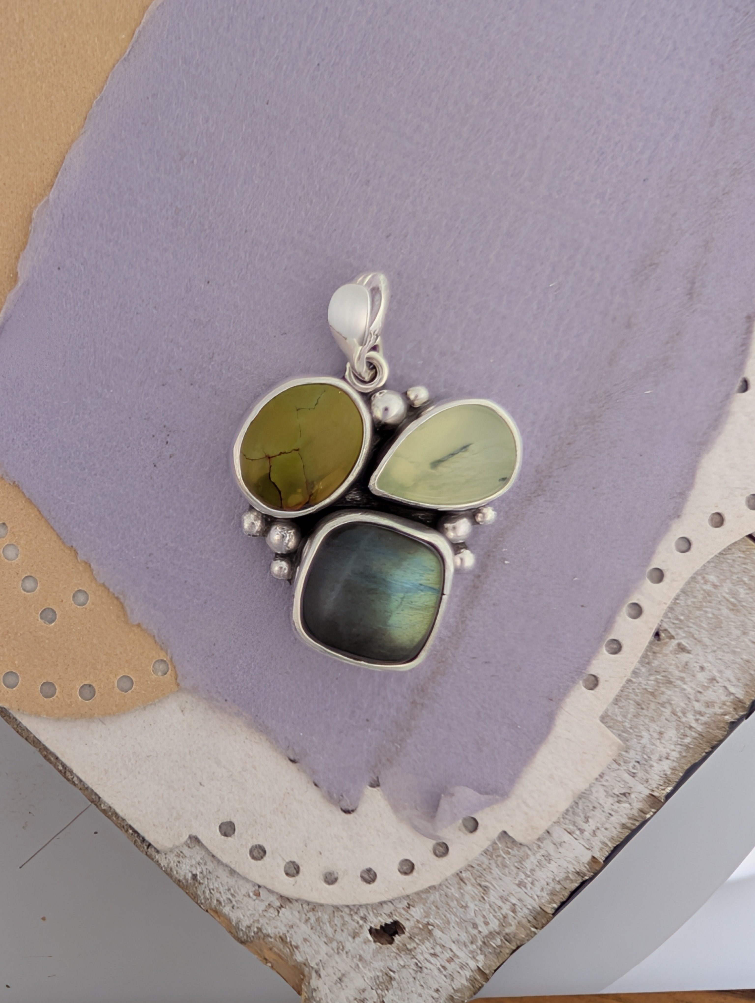 Labradorite, Prehnite, and Turquoise Sterling Silver Pendant