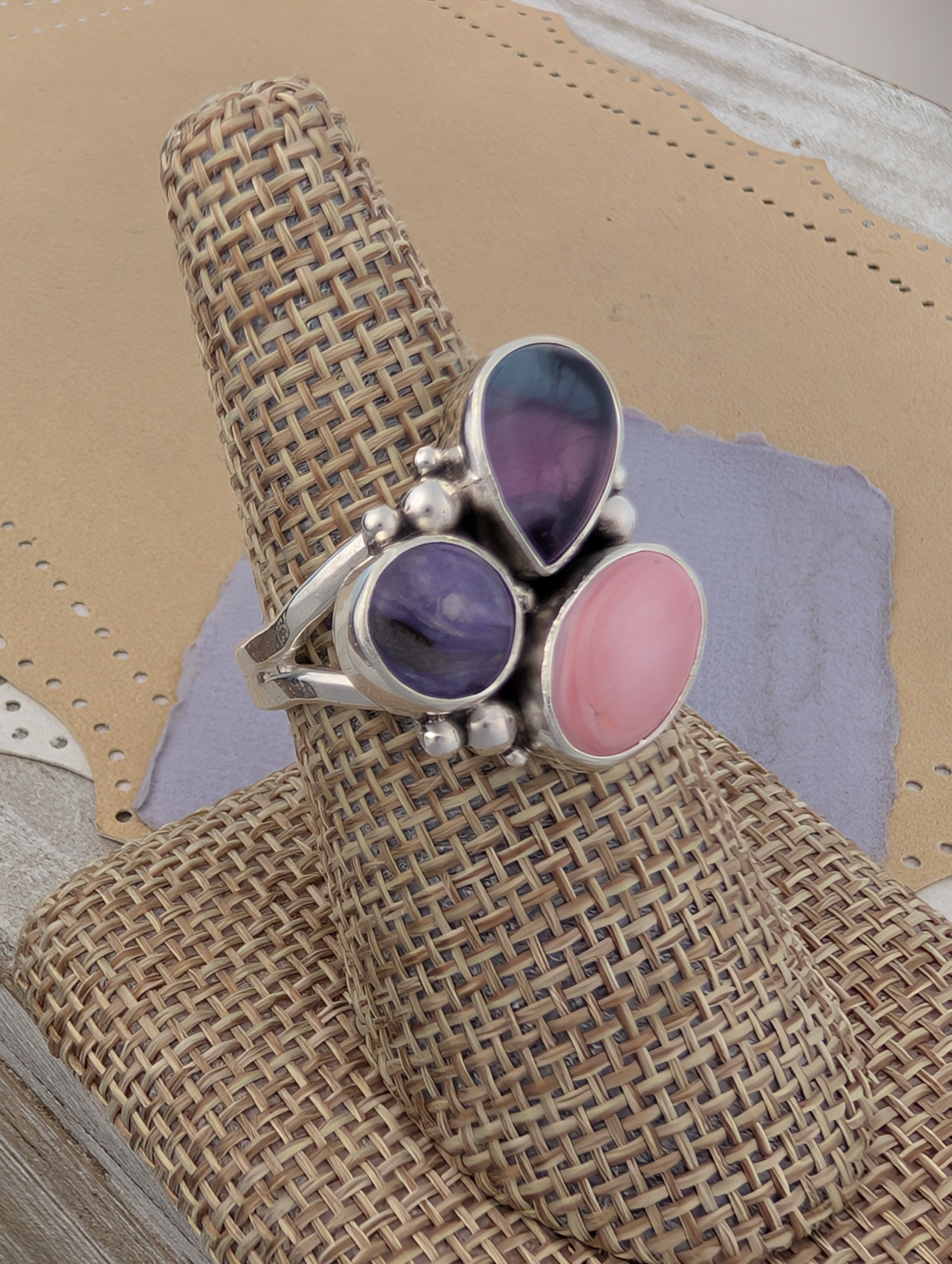 Size 9.5, Charoite, Conch Shell and Fluorite Sterling Silver Ring