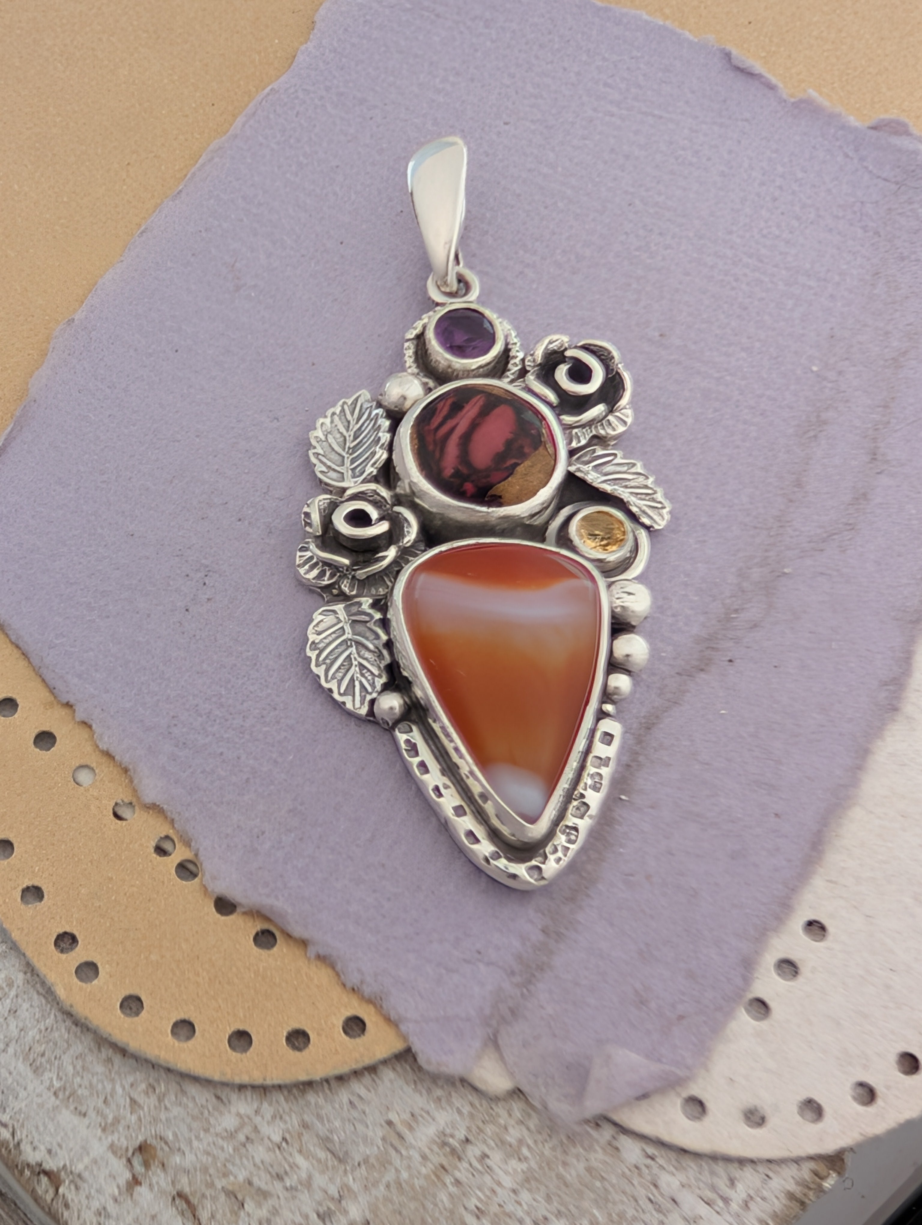 Banded Carnelian, Red Kingman, Citrine and Amethyst Sterling Silver Pendant