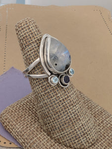 Size 8, Moonstone, Blue Topaz and Iolite Sterling Silver Ring