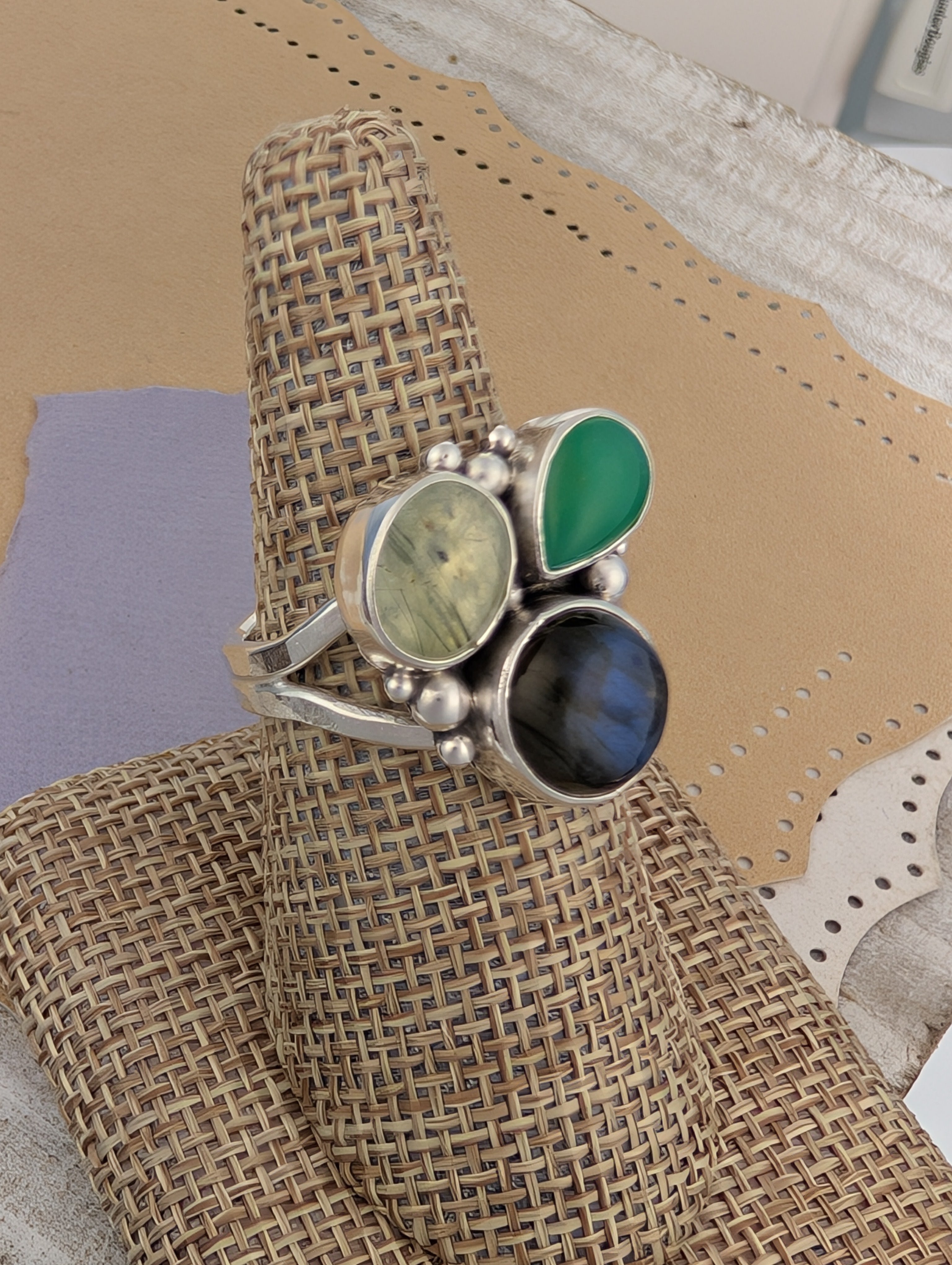 Size 9, Labradorite, Chrysoprase and Prehnite Sterling Silver