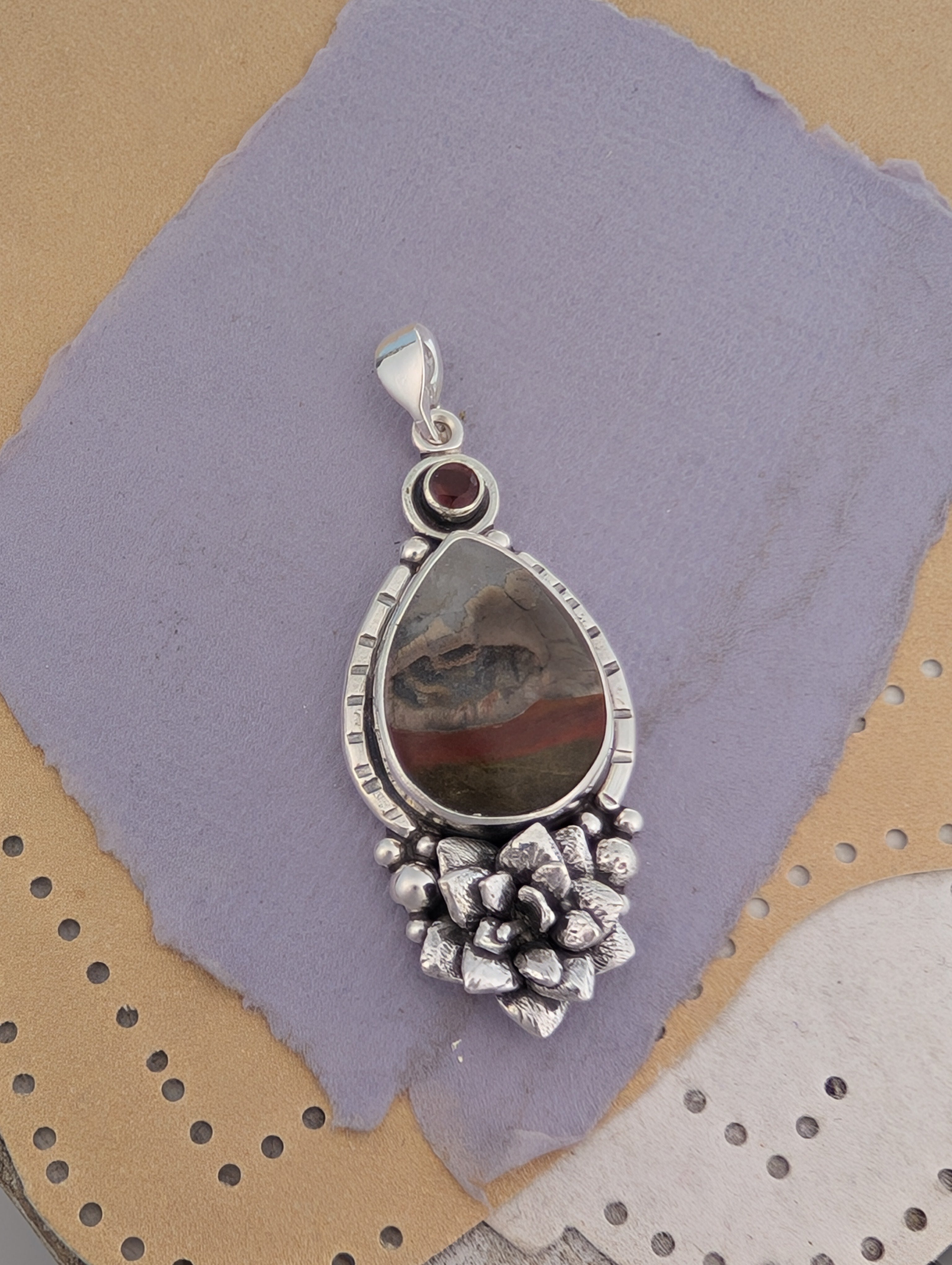 Jasper and Garnet Sterling Silver Pendant