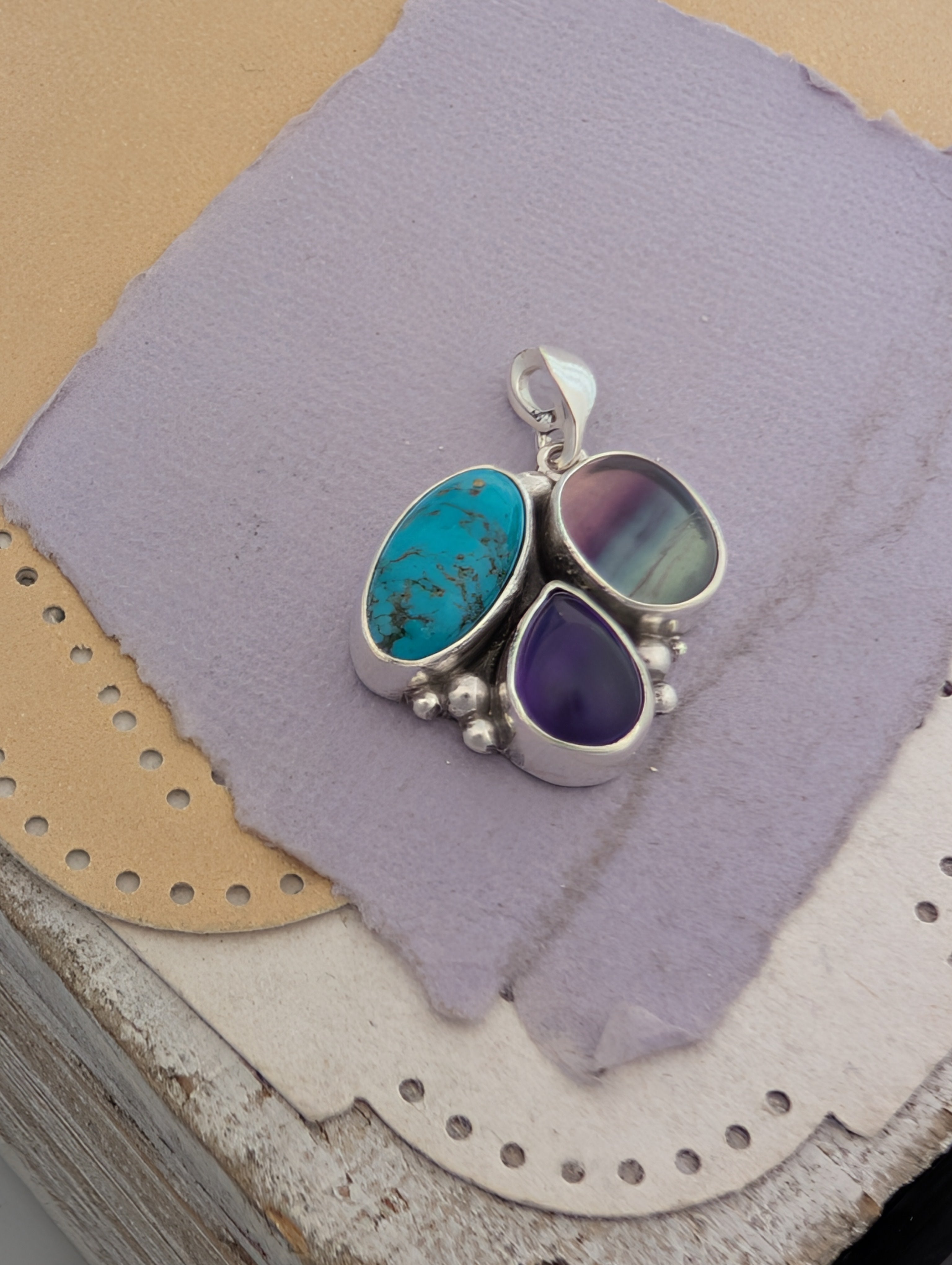 Turquoise, Amethyst, and Fluorite Sterling Silver Pendant