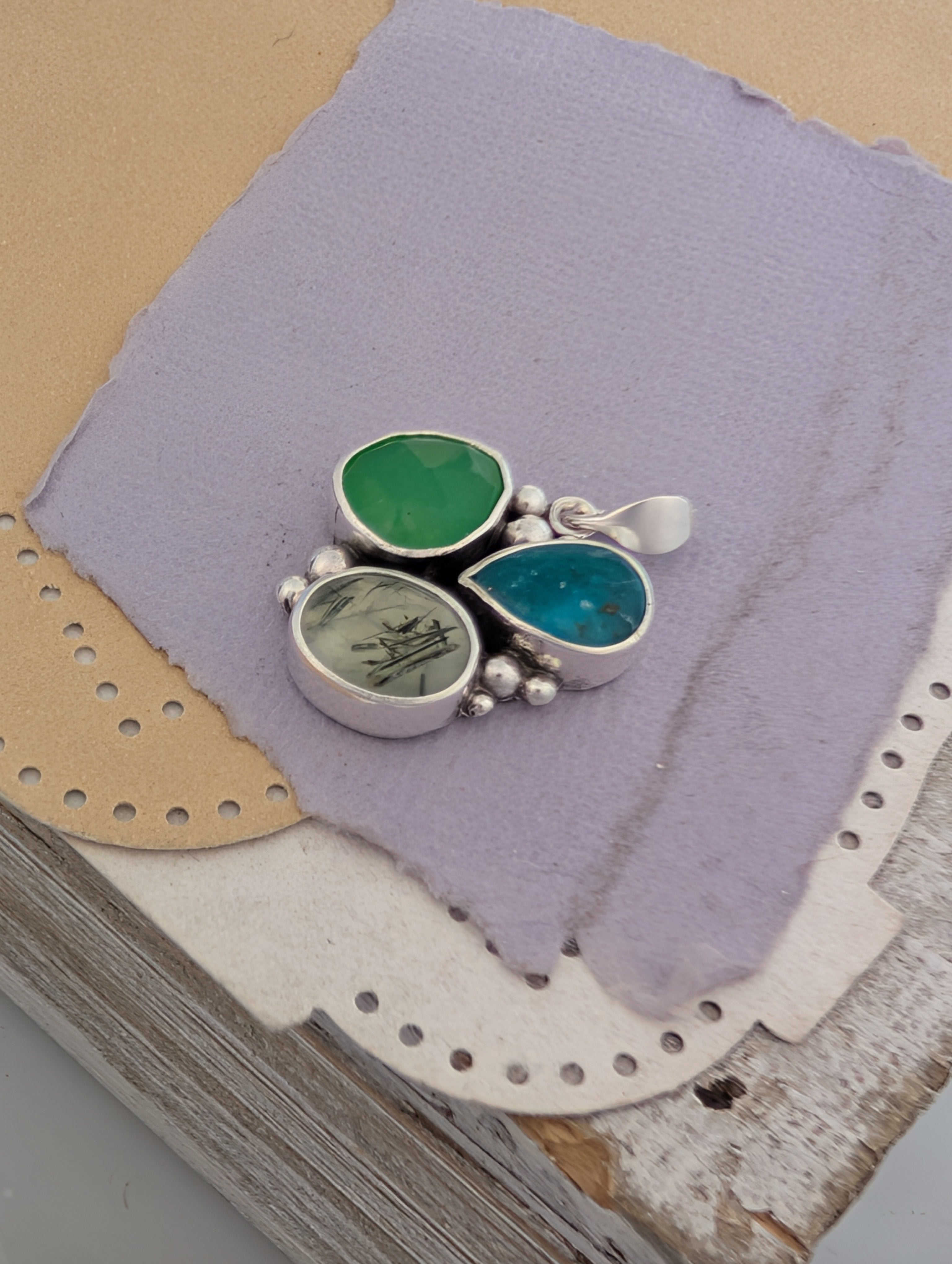 Turquoise, Chrysoprase, and Prehnite Sterling Silver Pendant