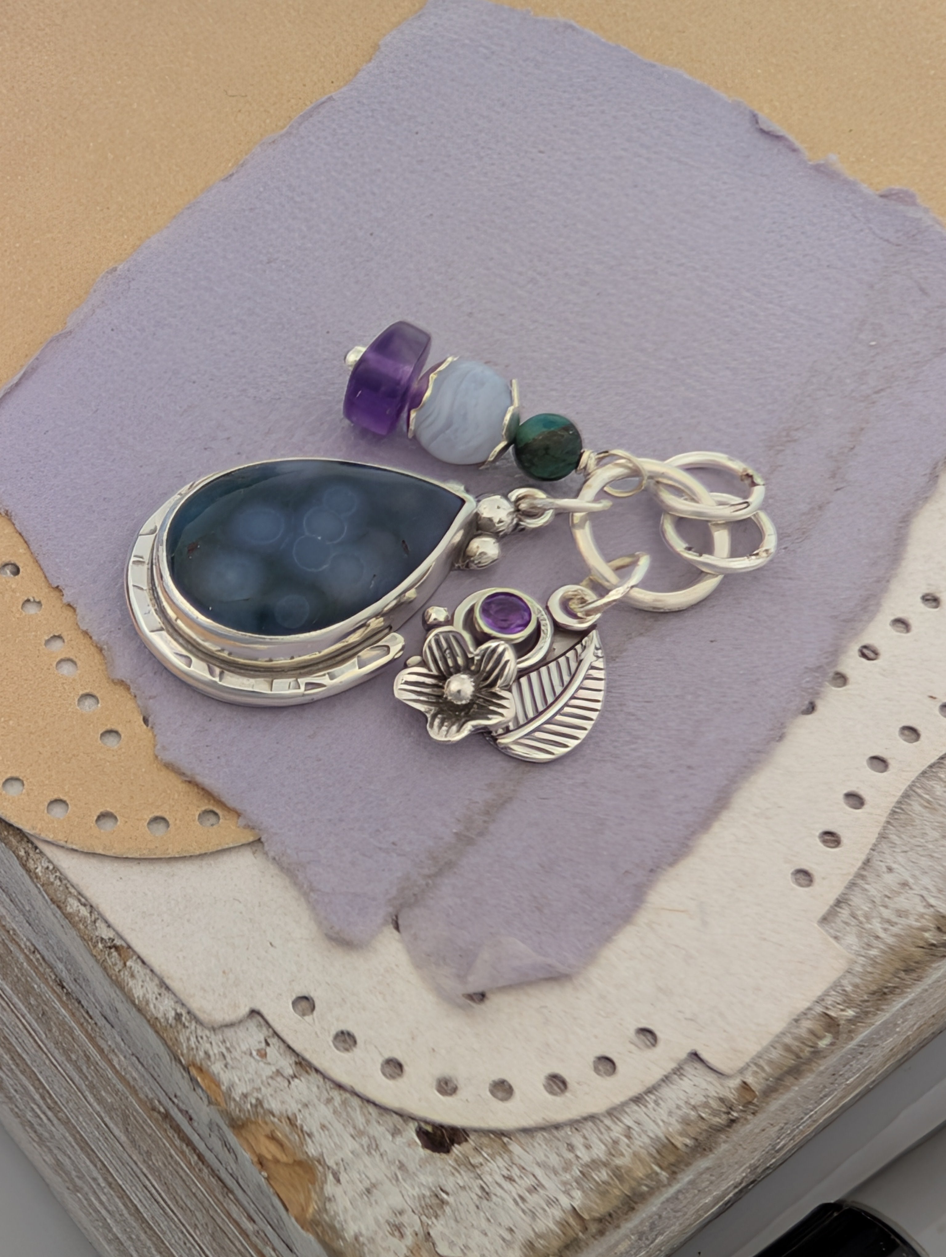 Grape Agate, Amethyst, Chrysocolla and Lace Agate Charm Sterling Silver Necklace