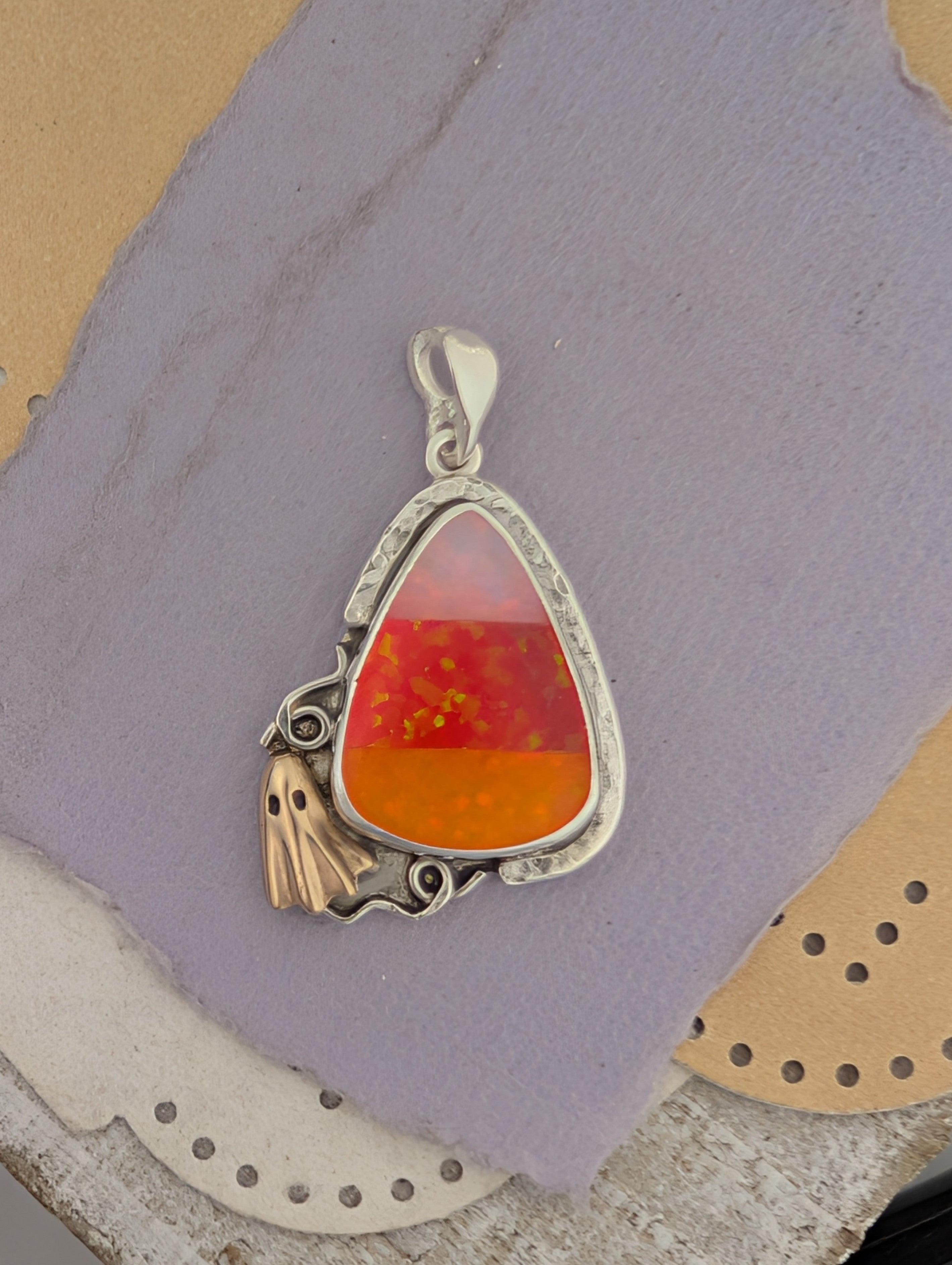 Glitter Opal Acrylic Candy Corn and Bronze Ghost Sterling Silver Pendant