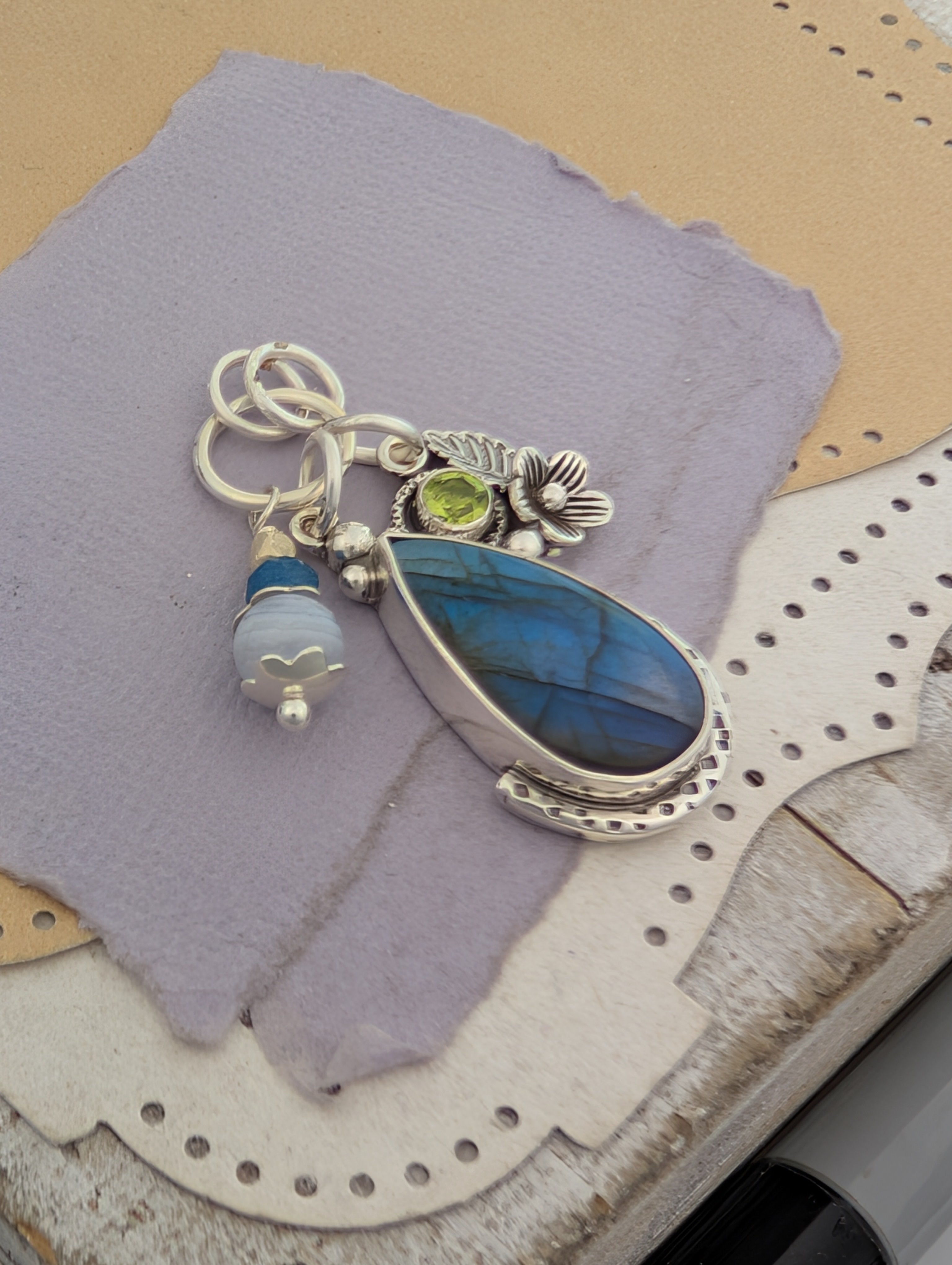 Labradorite, Peridot, Apatite and Lace Agate Charm Sterling Silver Necklace