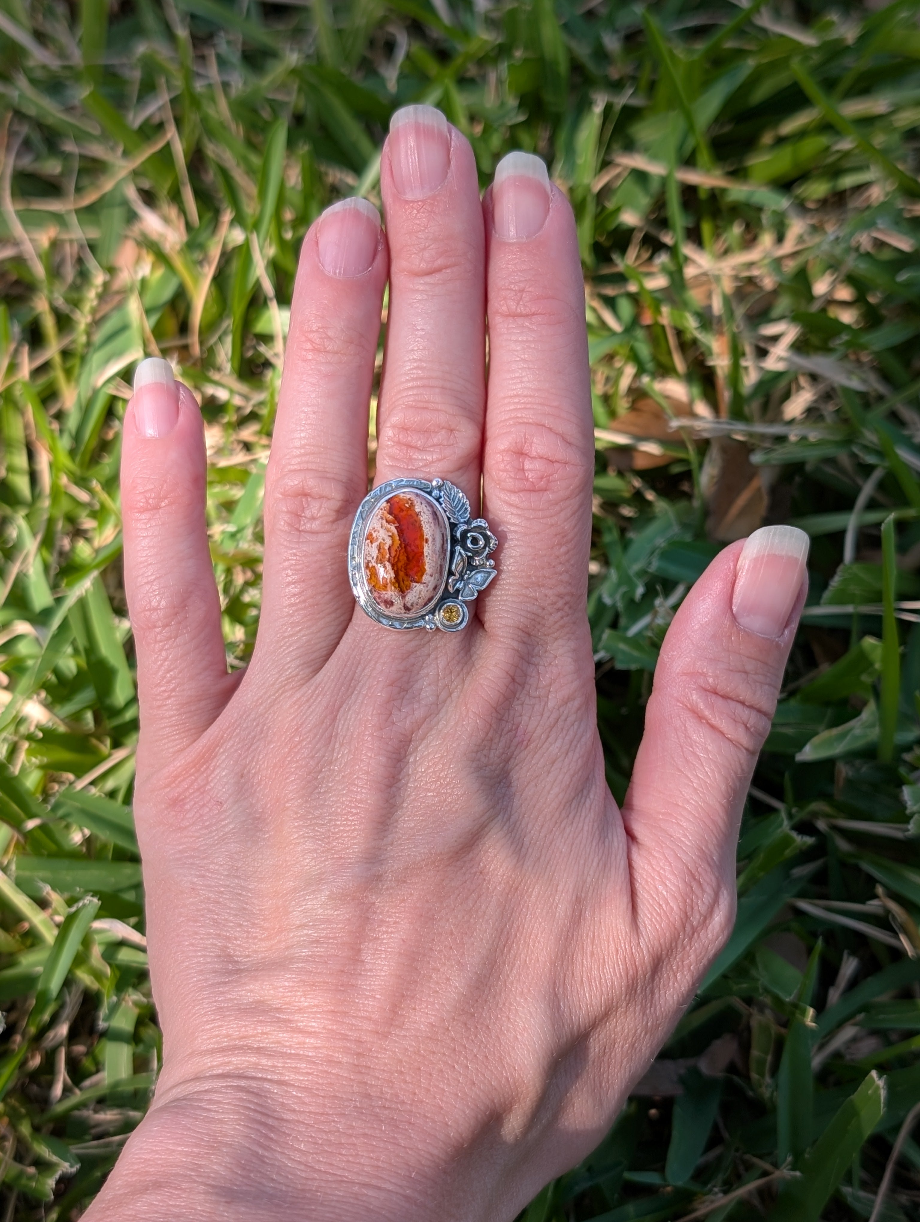 Size 6.5, Mexican Jelly Opal and Citrine Sterling Silver Ring