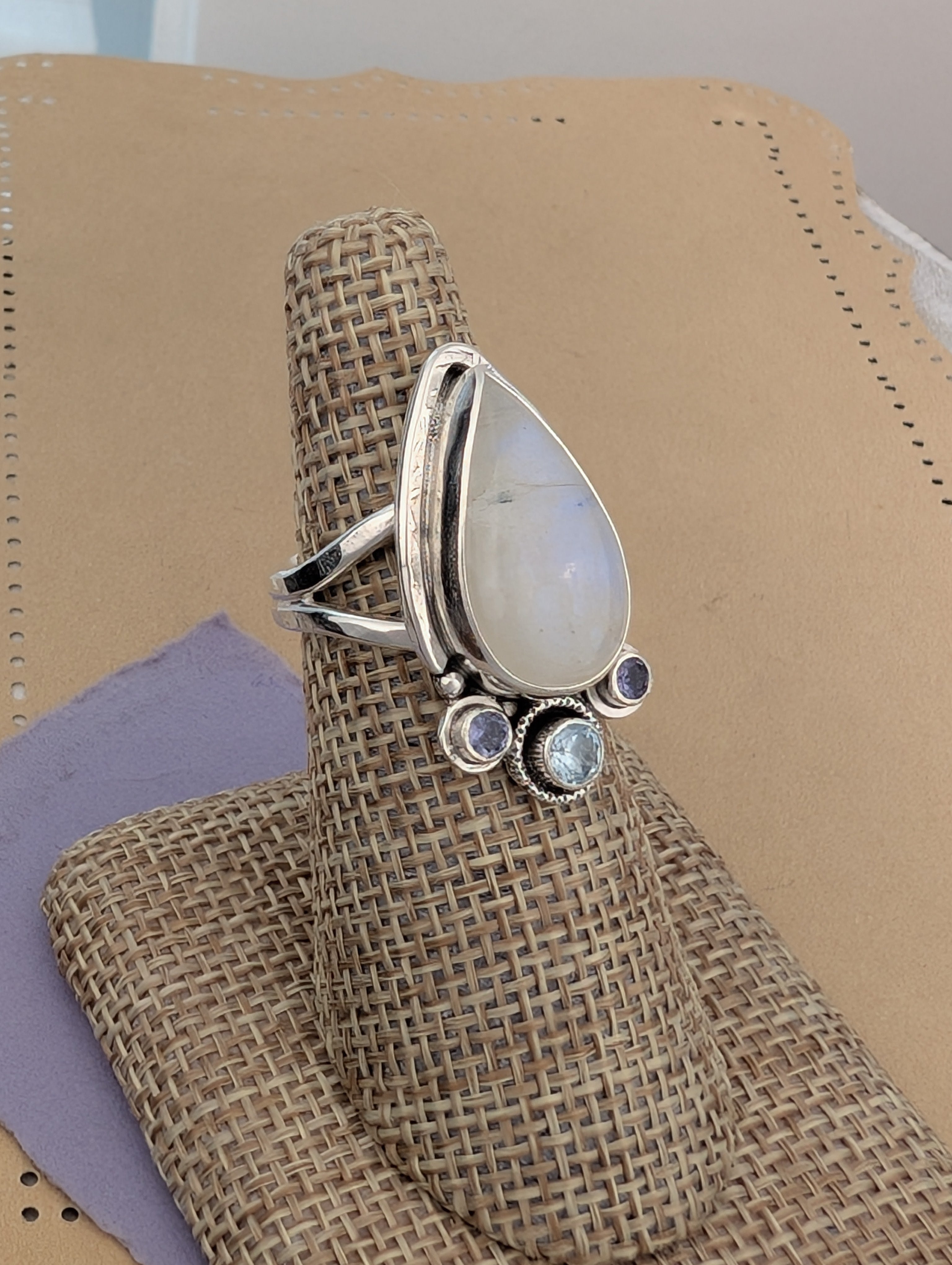 DISCOUNTED Size 7, Moonstone, Blue Topaz and Iolite Sterling Silver Ring