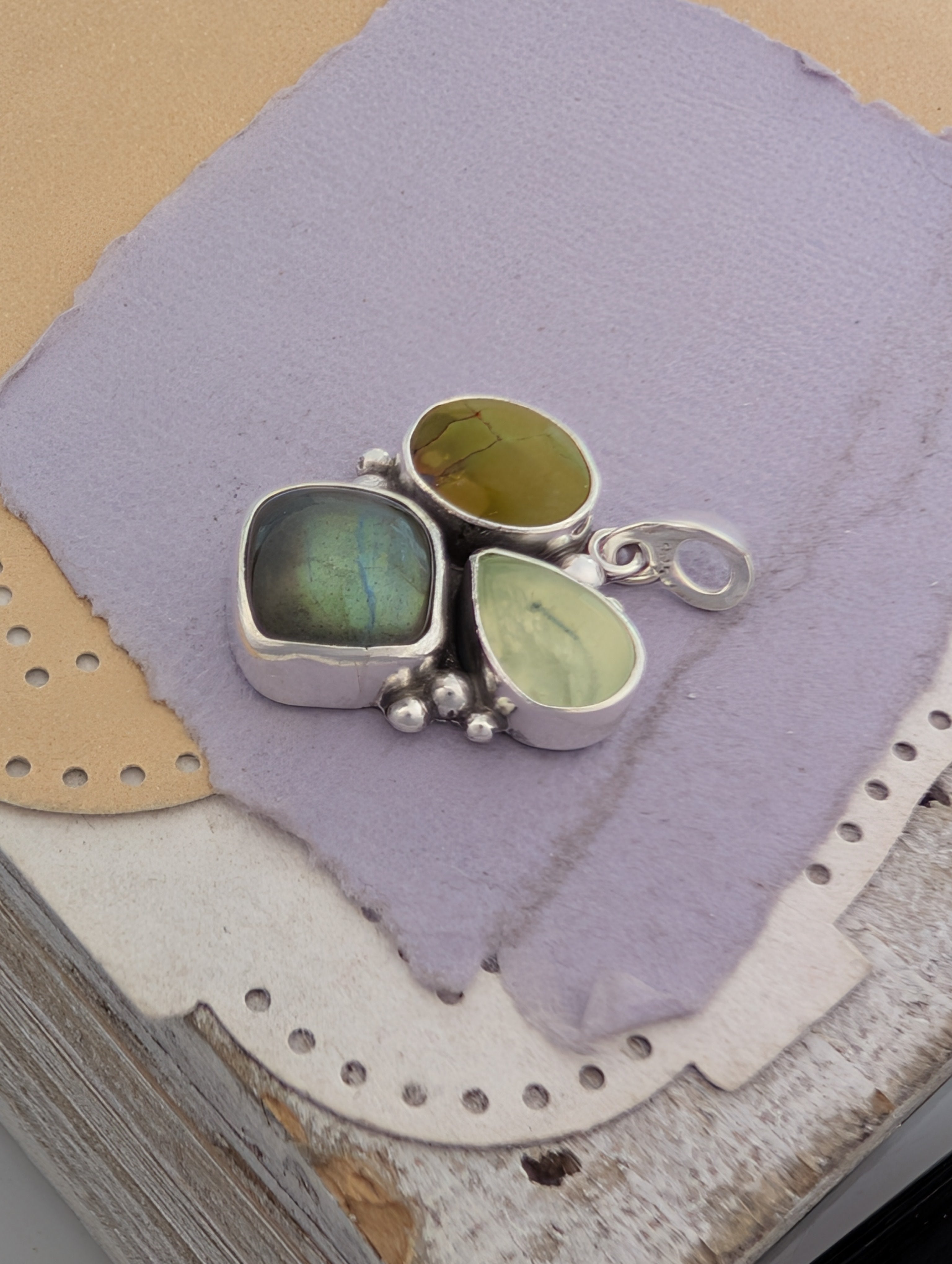Labradorite, Prehnite, and Turquoise Sterling Silver Pendant