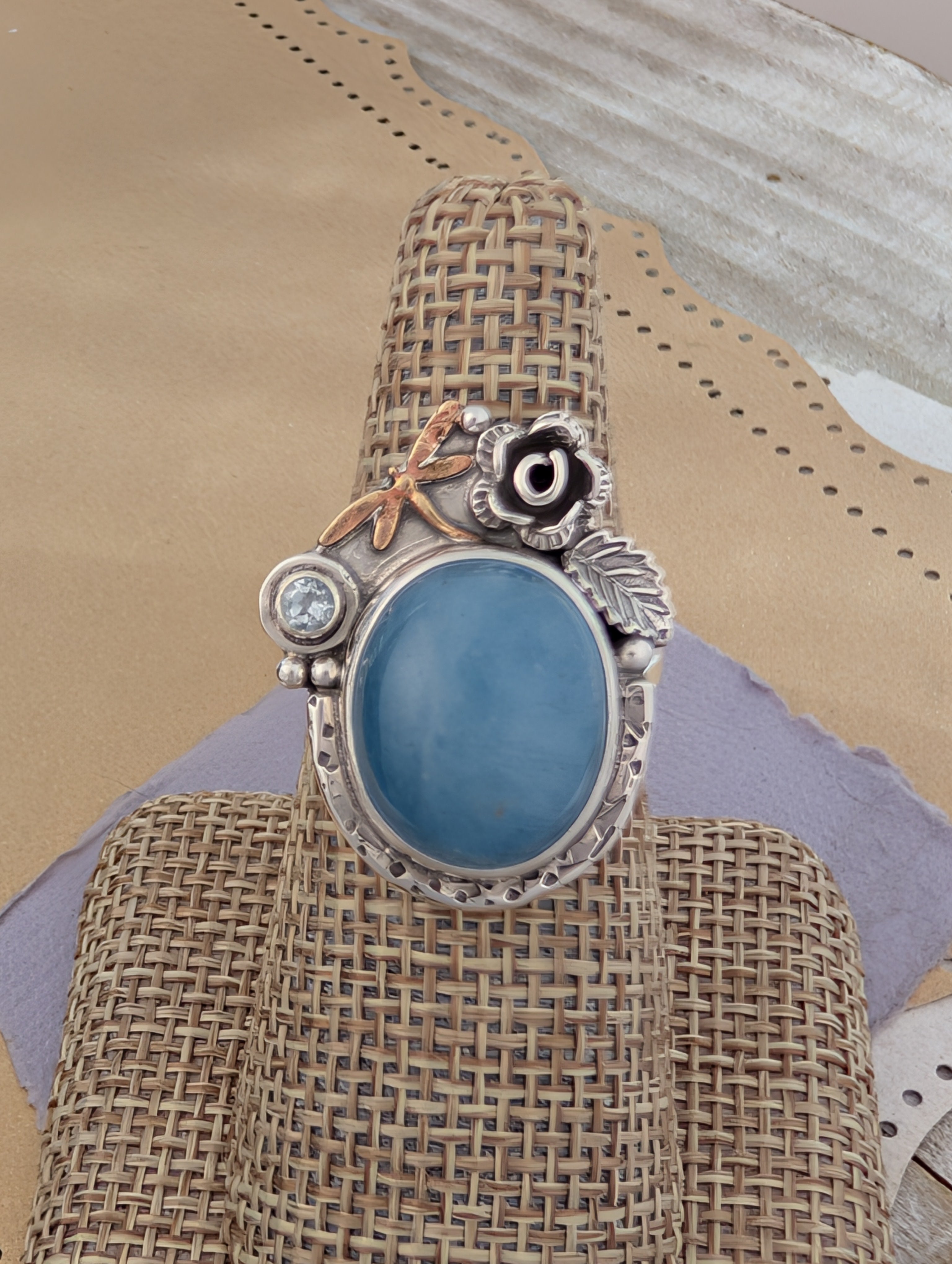 Size 7.5, Aquamarine, Sky Blue Topaz and Bronze Dragonfly Sterling Silver Ring