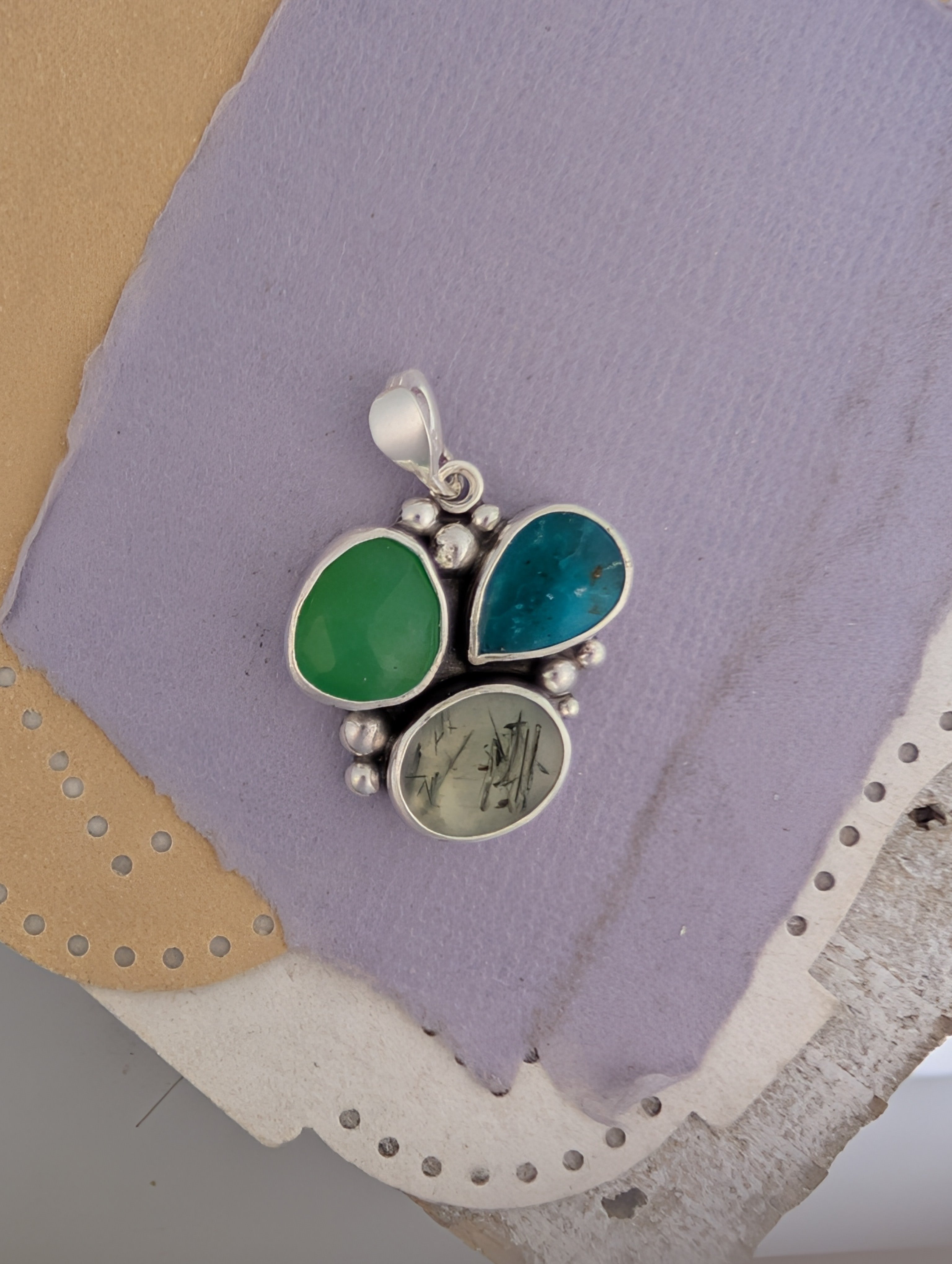 Turquoise, Chrysoprase, and Prehnite Sterling Silver Pendant