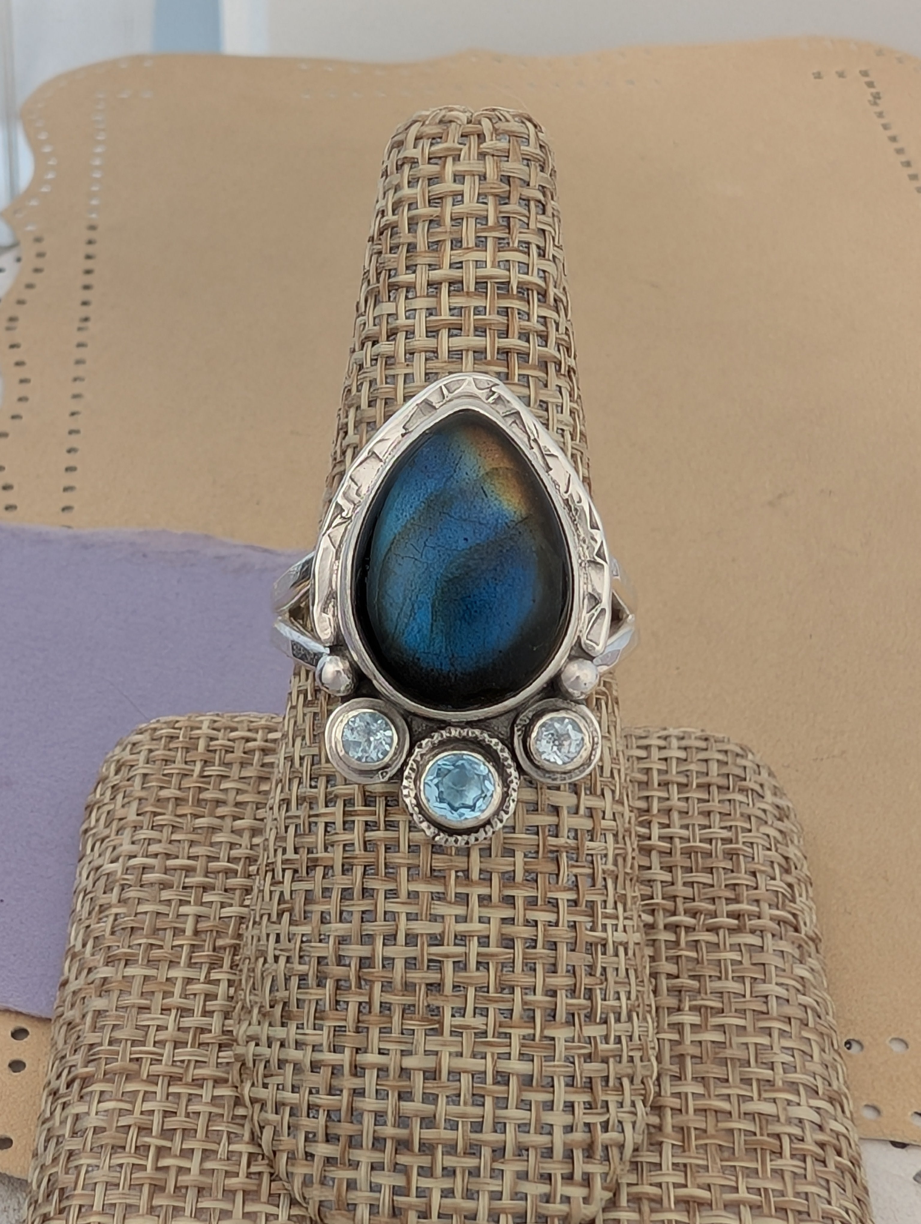 Size 10, Labradorite and Blue Topaz Sterling Silver Ring