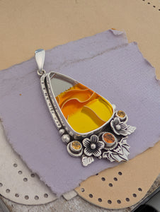 Acrylic Candy Corn, Hessonite Garnet and Citrine Sterling Silver Pendant