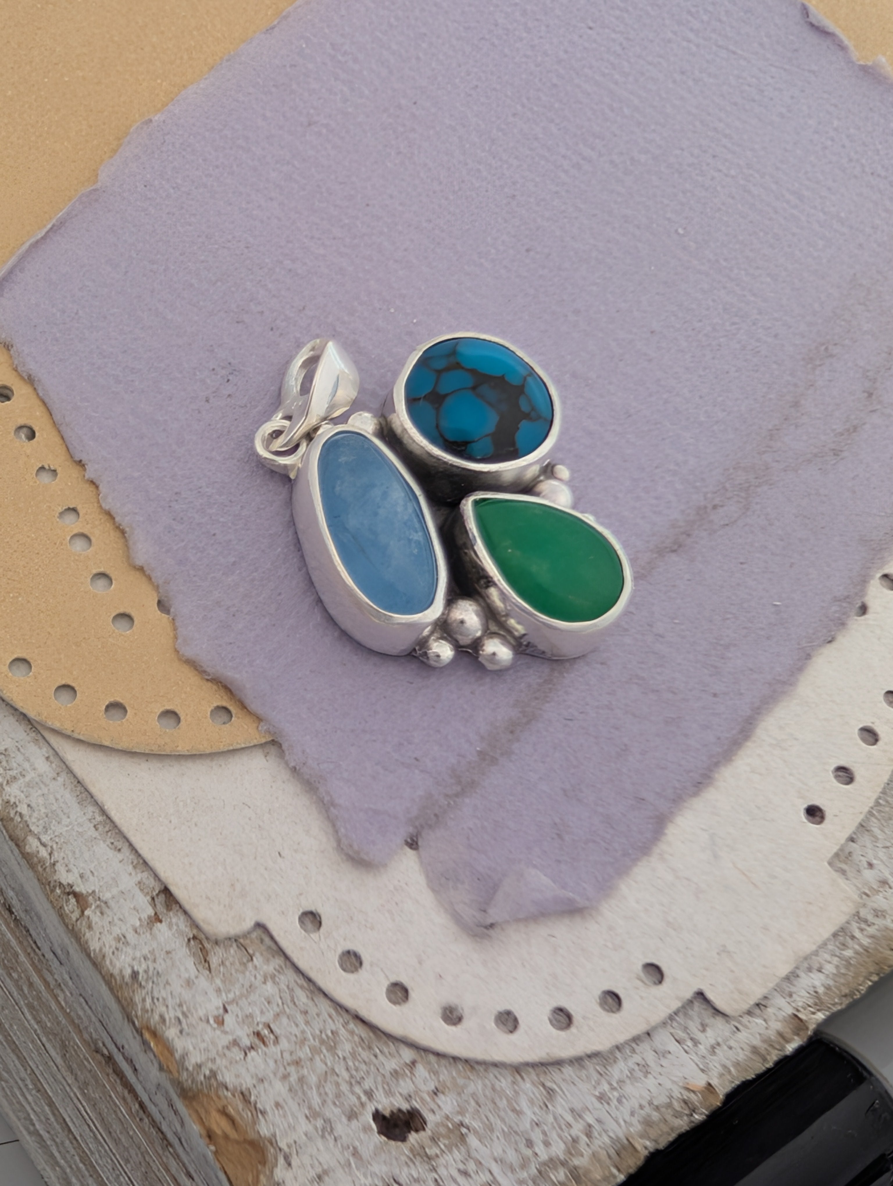 Turquoise, Chrysoprase, and Aquamarine Sterling Silver Pendant